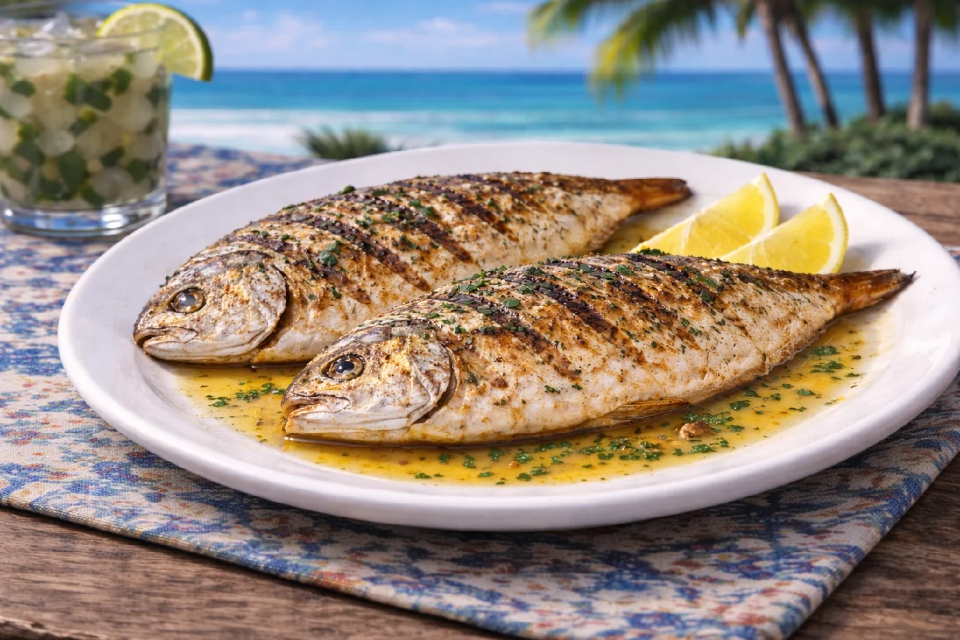 Plate of grilled butter garlic Pompano