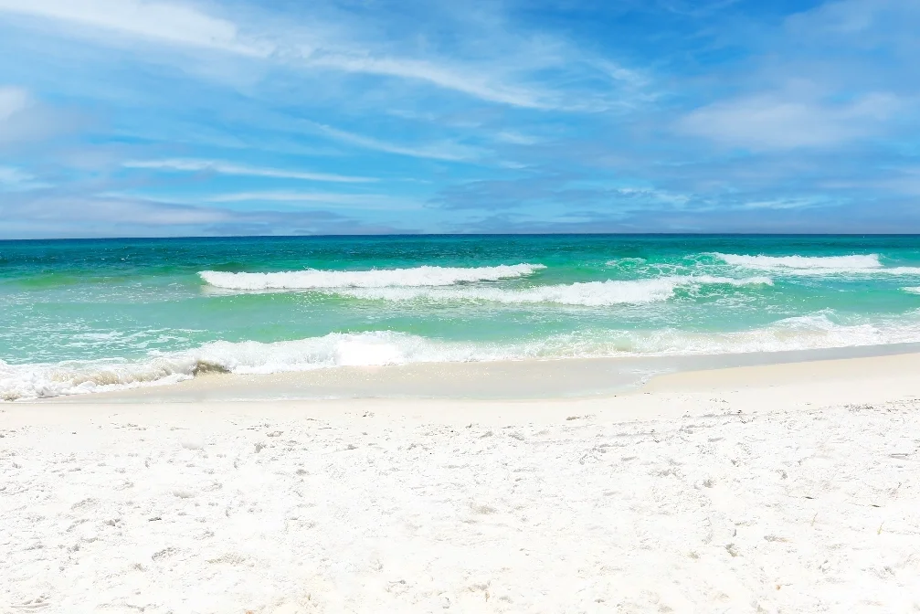 A photo from the beach sand looking into the Gulf of Mexico on a sunny day