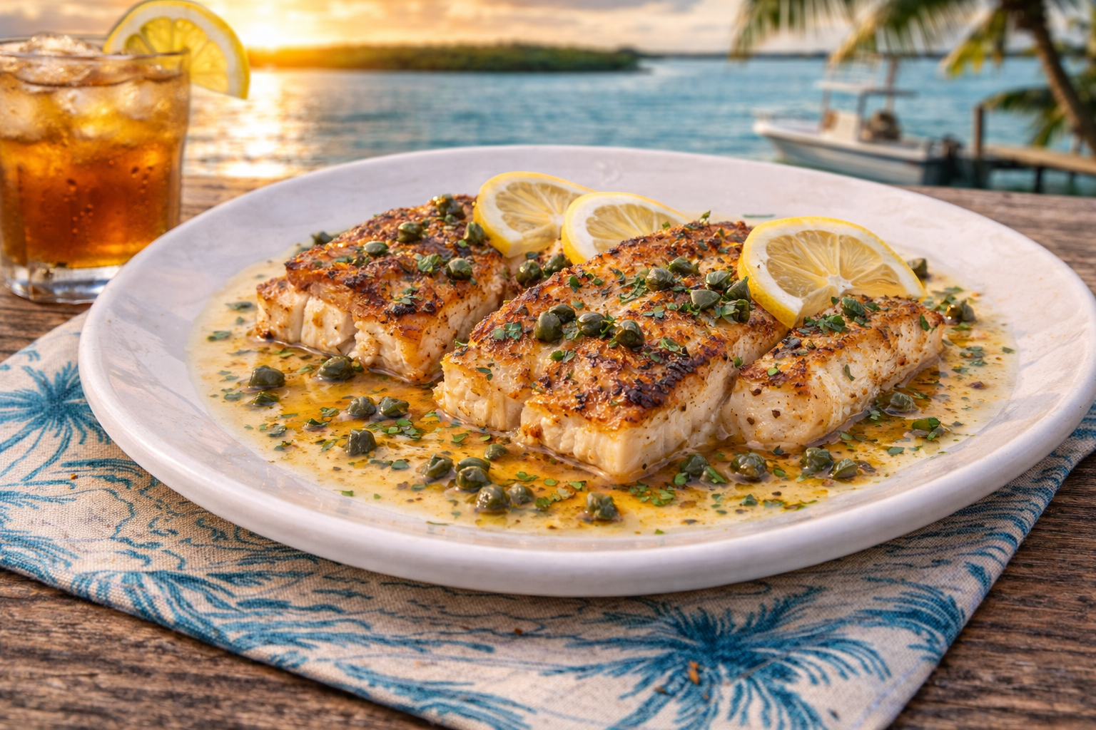 Plate of pan-seared Tripletail with lemon capers