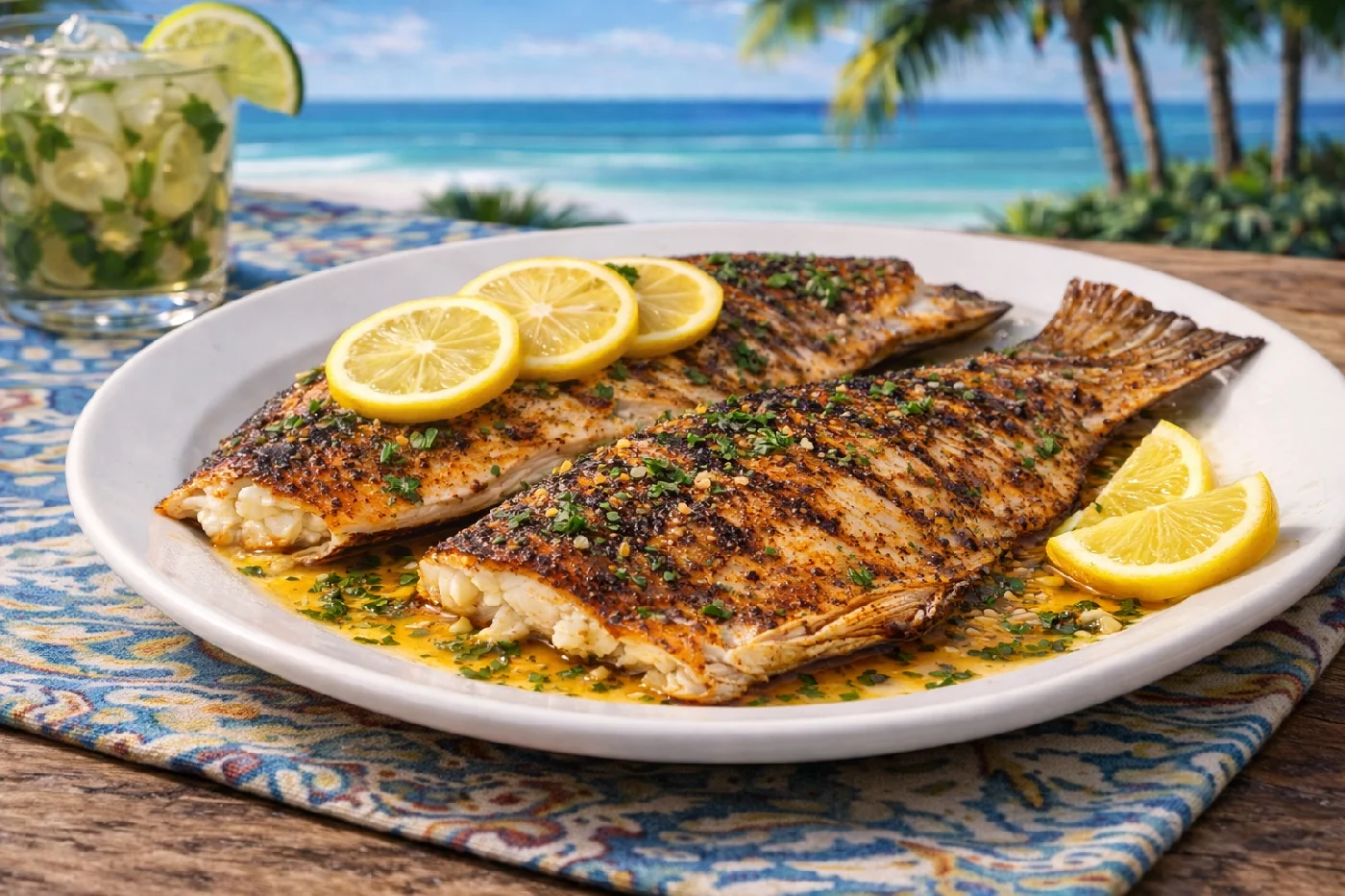 Plate of grilled Refish on the half shell