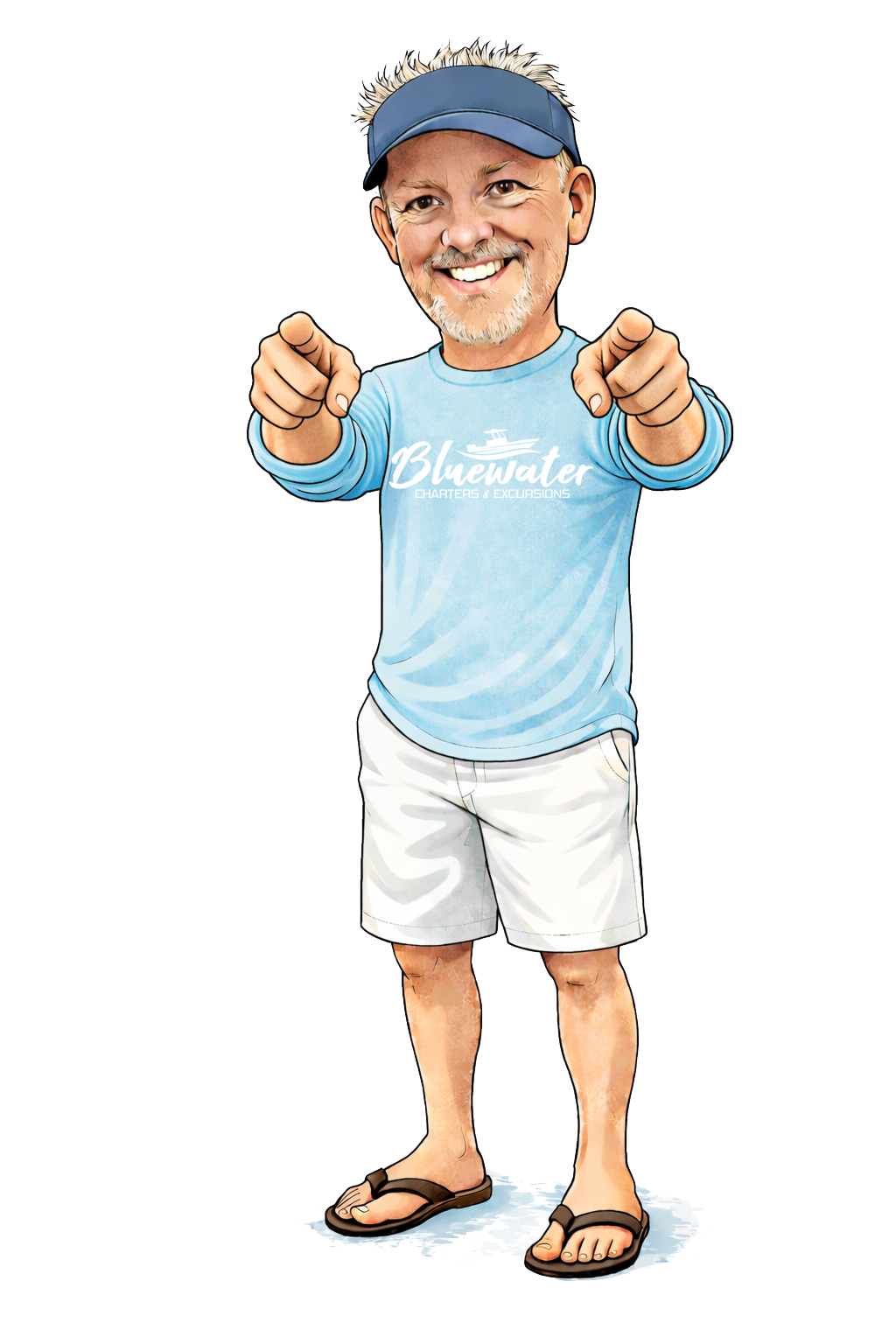 A smiling man with blond hair and a beard wearing a blue cap, a light blue long sleeve shirt with 'Bluewater Charters & Excursions' logo, white shorts, and flip flops, pointing at the camera.