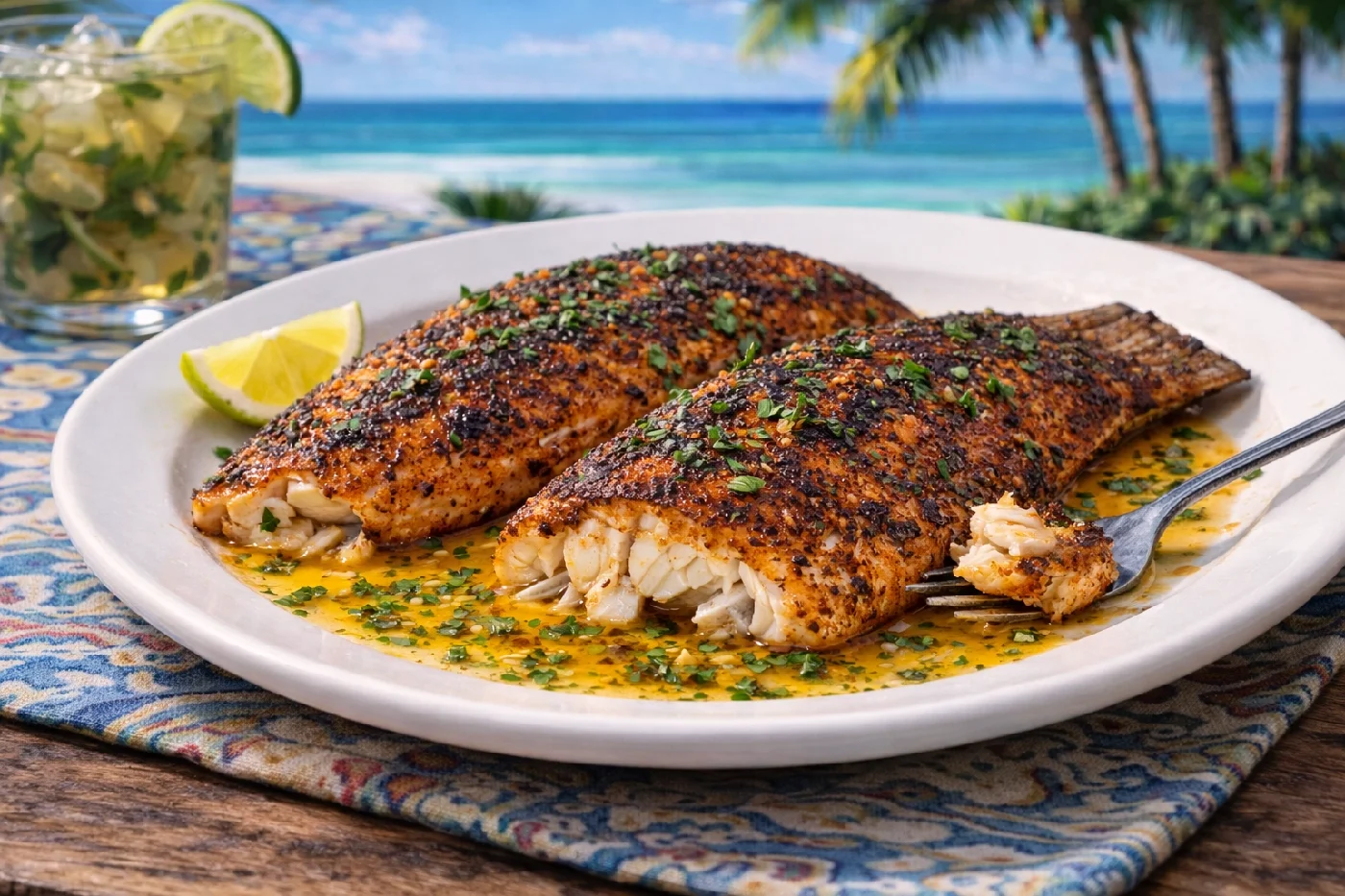 Plate of cajun blackened Redfish fillets