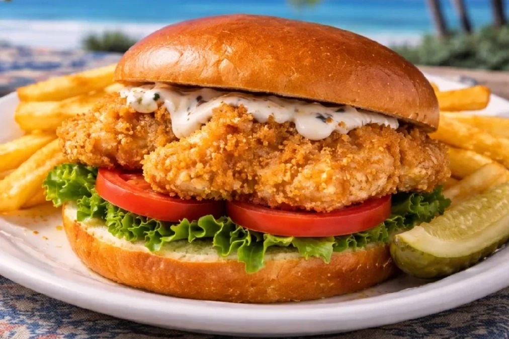 Fried Black Drum sandwich with fries and a pickle