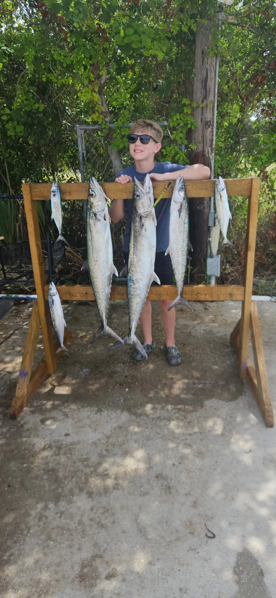Boy standing behind his Mackerel catch in the Gulf