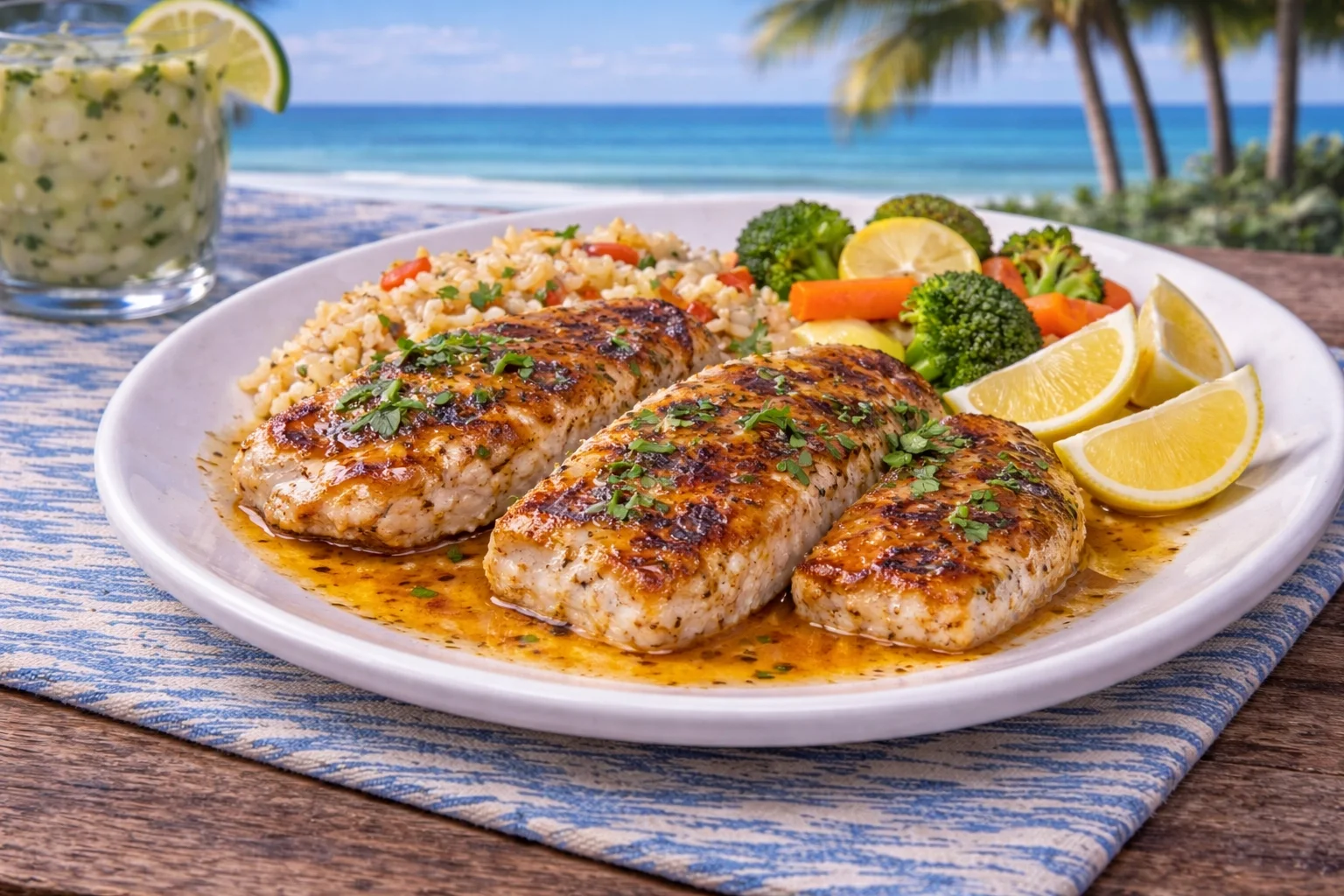 Plate of grilled Tripletail fillets with cajun butter
