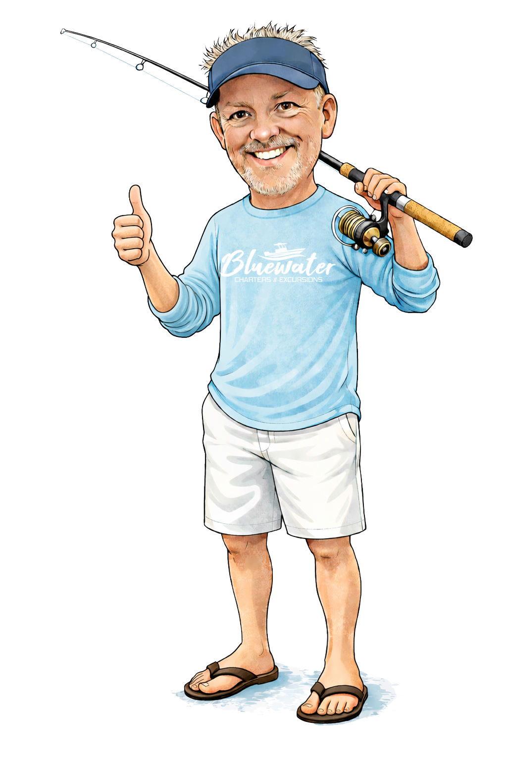 Captain Steve character holding a fishing rod with his thumb up
