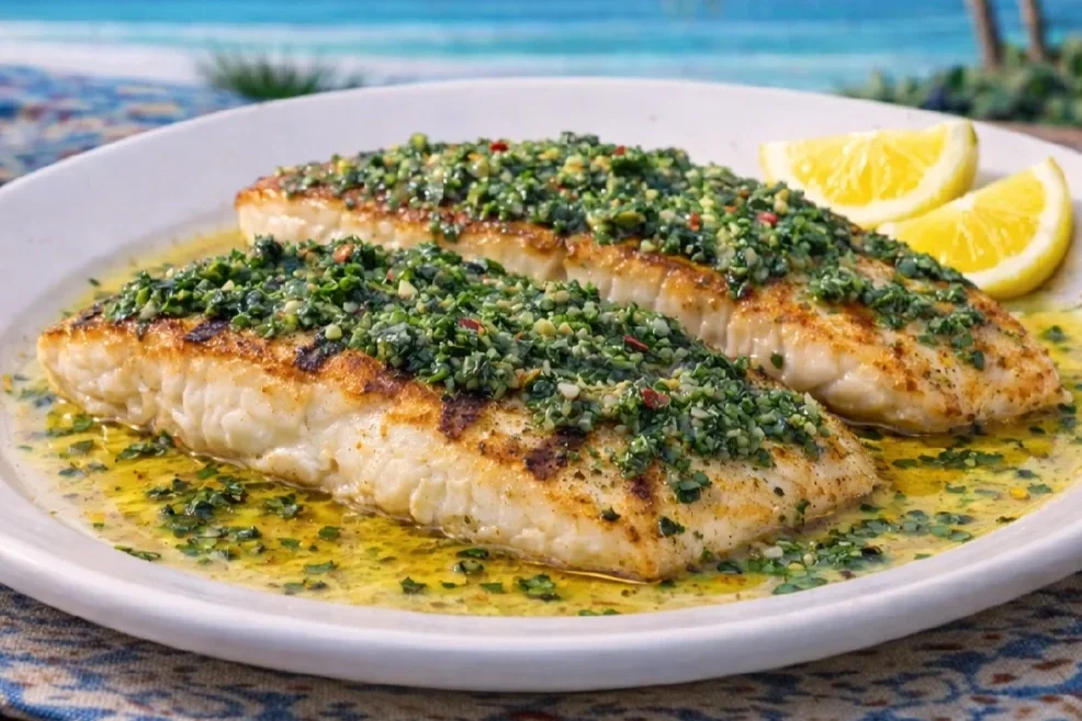 Two grilled fish fillets topped with chopped herbs, served with lemon wedges and a yellow sauce, on a white plate with a beach-themed background.