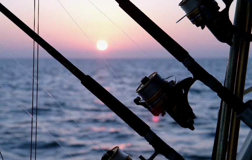 Fishing rods with lines in the water during sunset in the Gulf