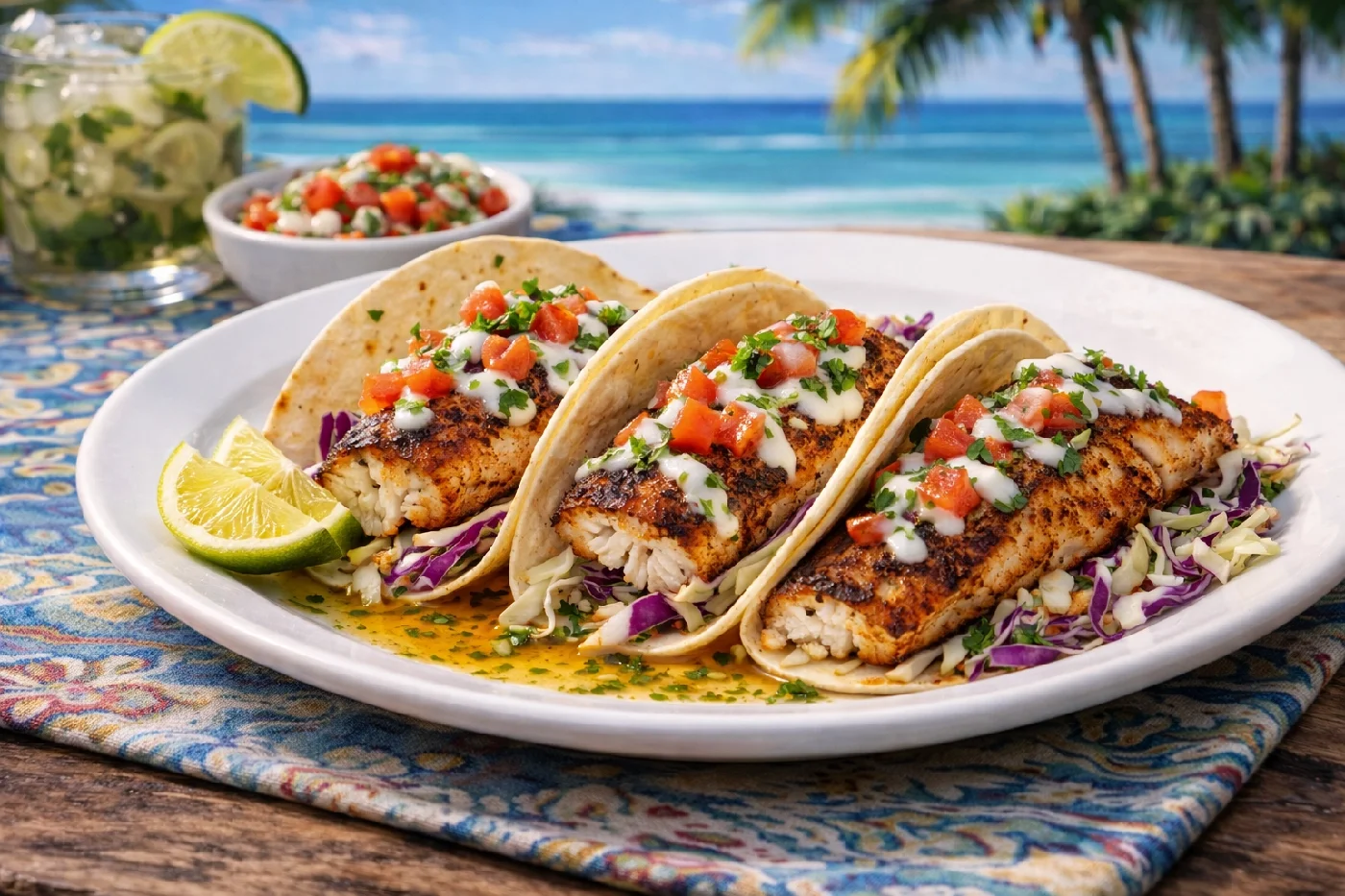 Plate of blackened Spotted Seatrout tacos