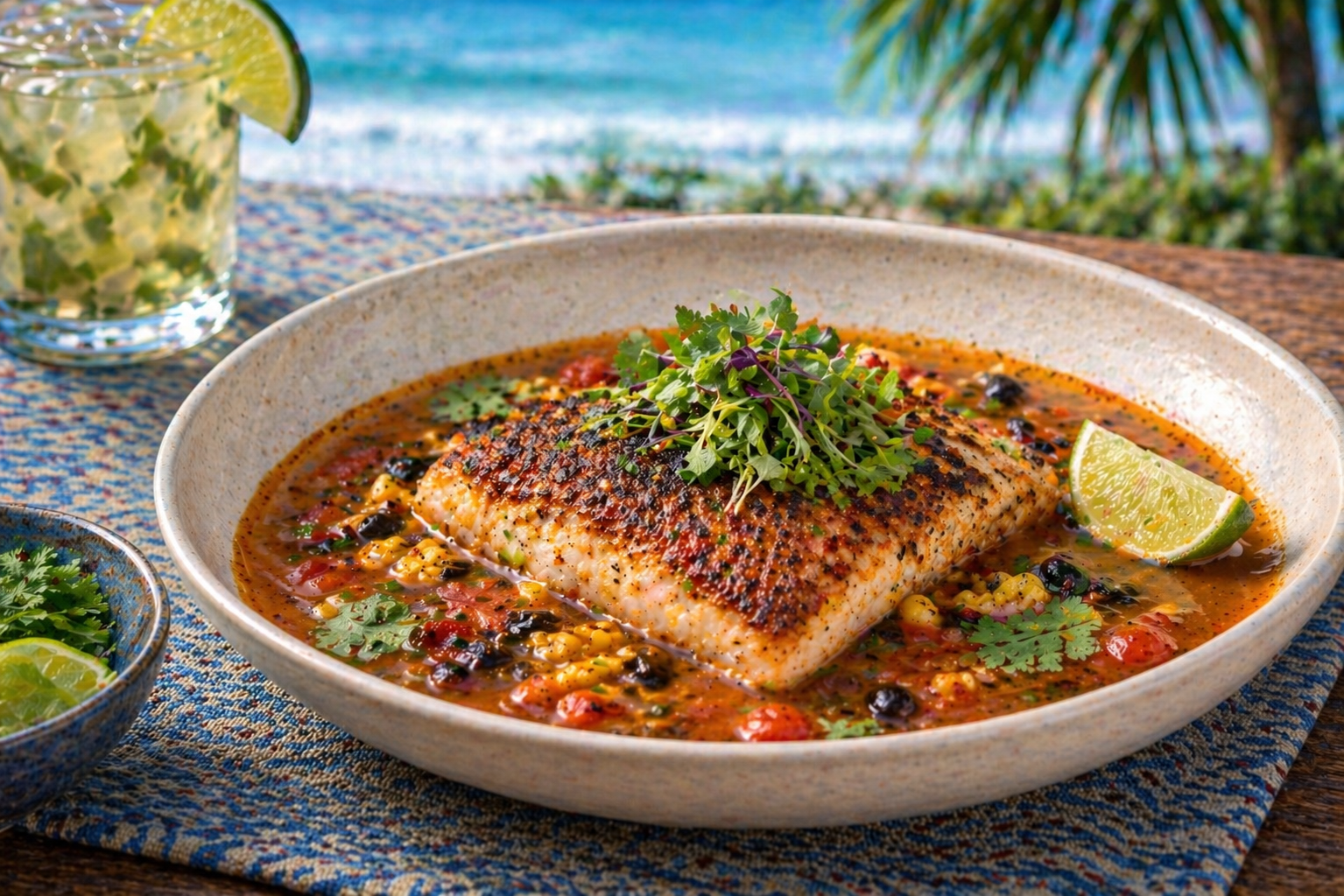 Seared mangrove snapper with roasted chipotle on a plate