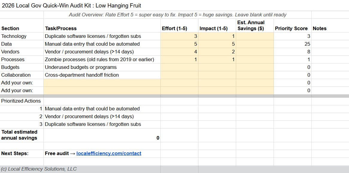 Free Low-Hanging Fruit Audit Tool: Quick Efficiency Wins for Local Governments — The Local Edge Tools