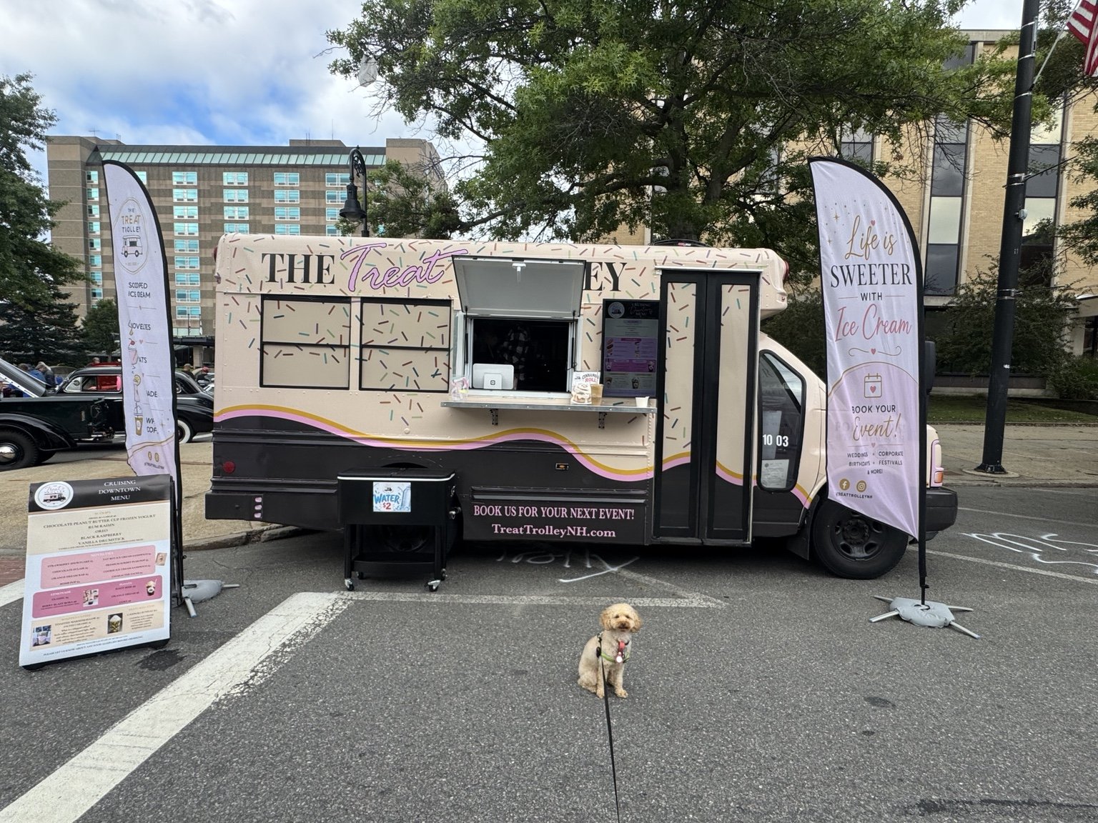 A mobile ice cream stand called 'Treat Trolley' is parked in a lot, decorated with pastel colors and sprinkles. Two vertical banners advertise ice cream treats and event booking. A small dog on a leash sits in front of the stand. City buildings and t