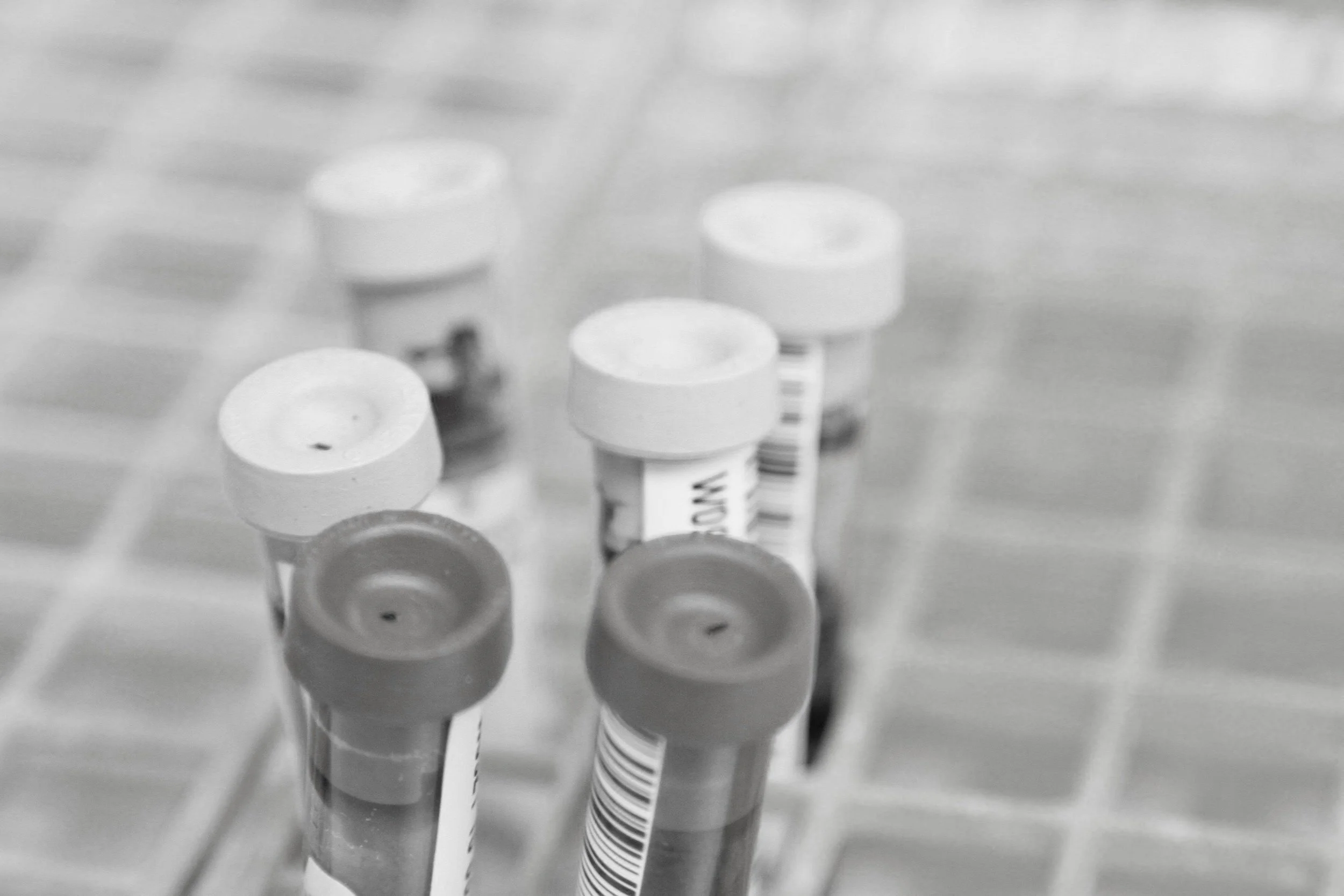 Multiple COVID-19 vaccine vials arranged on a metal rack in a laboratory setting.
