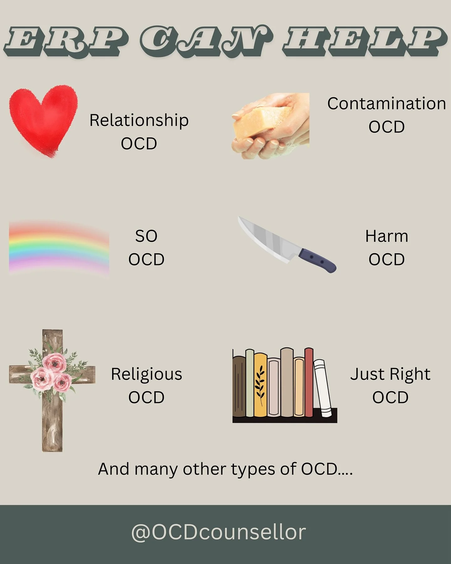 First-line treatment for OCD is Exposure and Response Prevention Therapy (ERP)! 

While OCD may take the form of many different themes, in ERP we try to identify/address your core fear. 

OCD targets the things we care most about with a goal of stick
