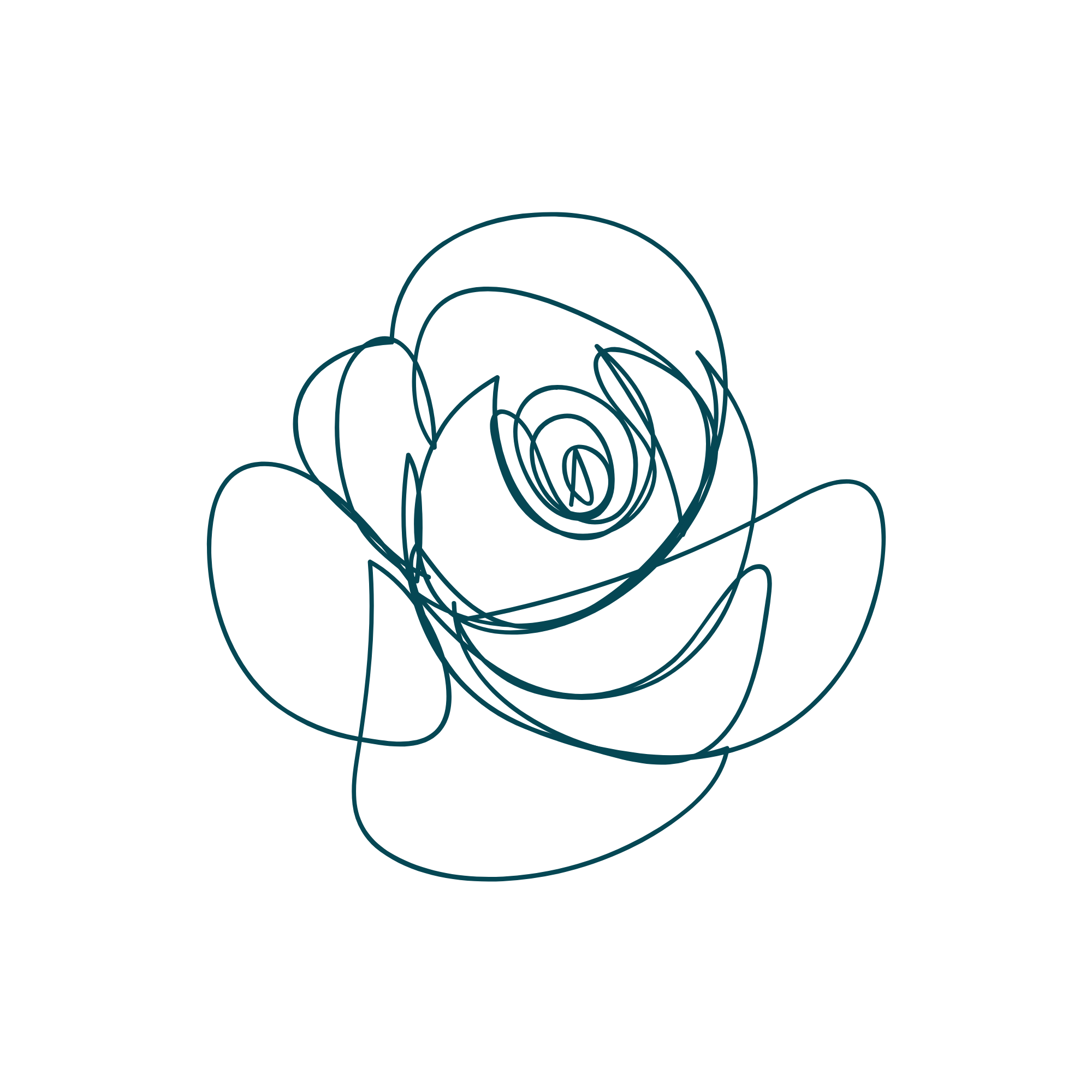 Line drawing of a rose flower with overlapping circular lines on a black background.
