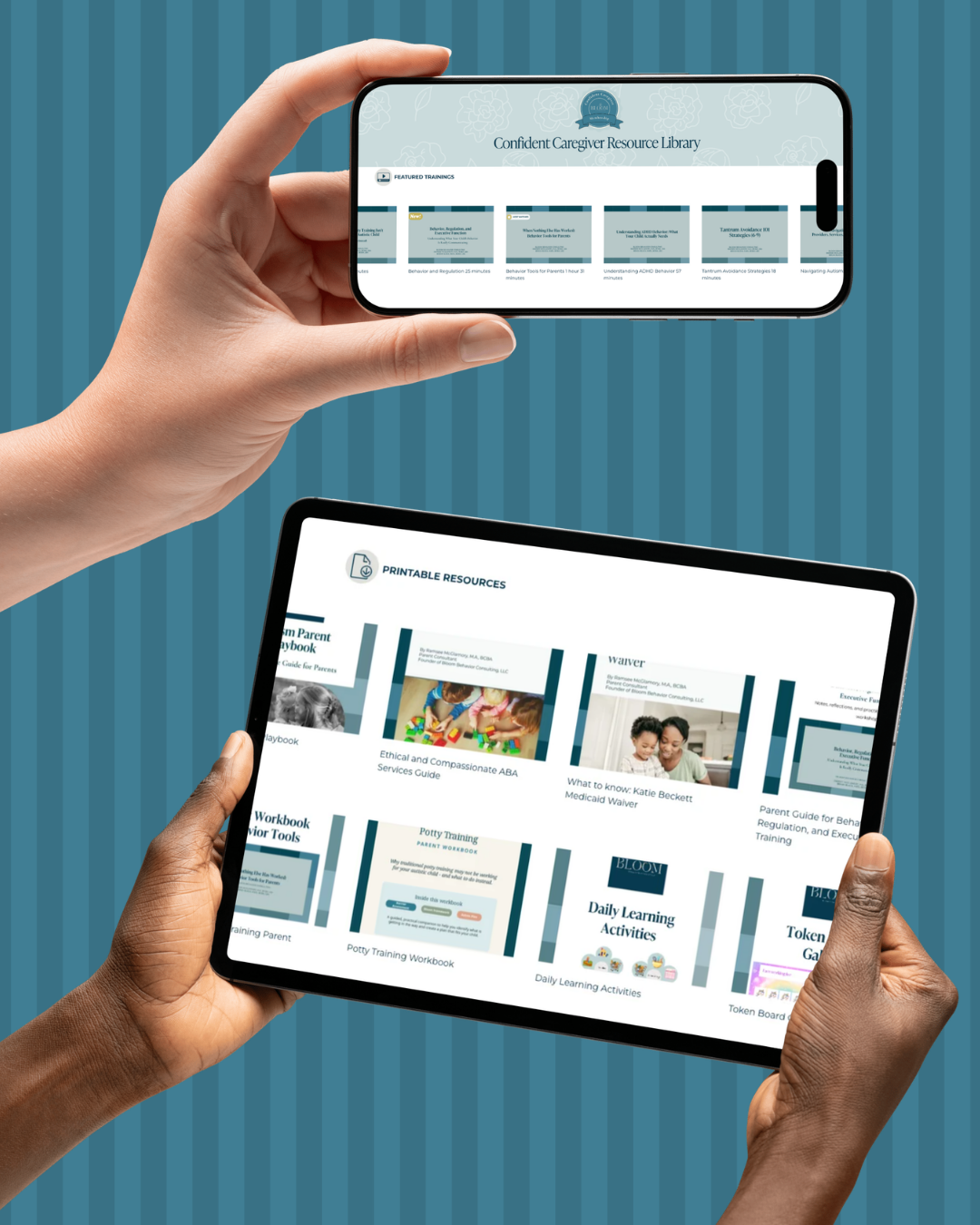 Two hands holding tablets displaying caregiver training and printable resource materials against a blue striped background.