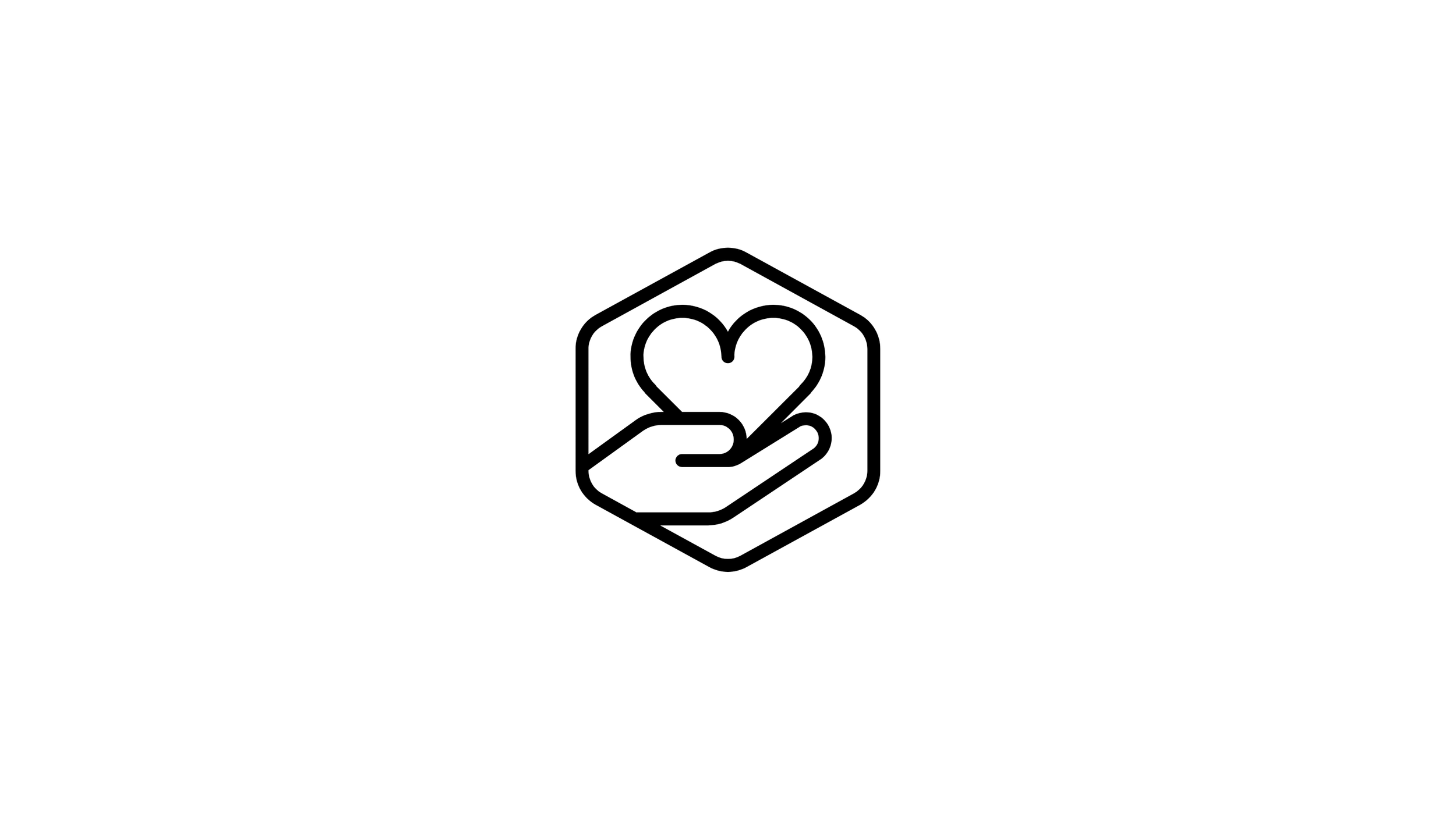 Icon of a hand holding a heart inside a hexagon outline