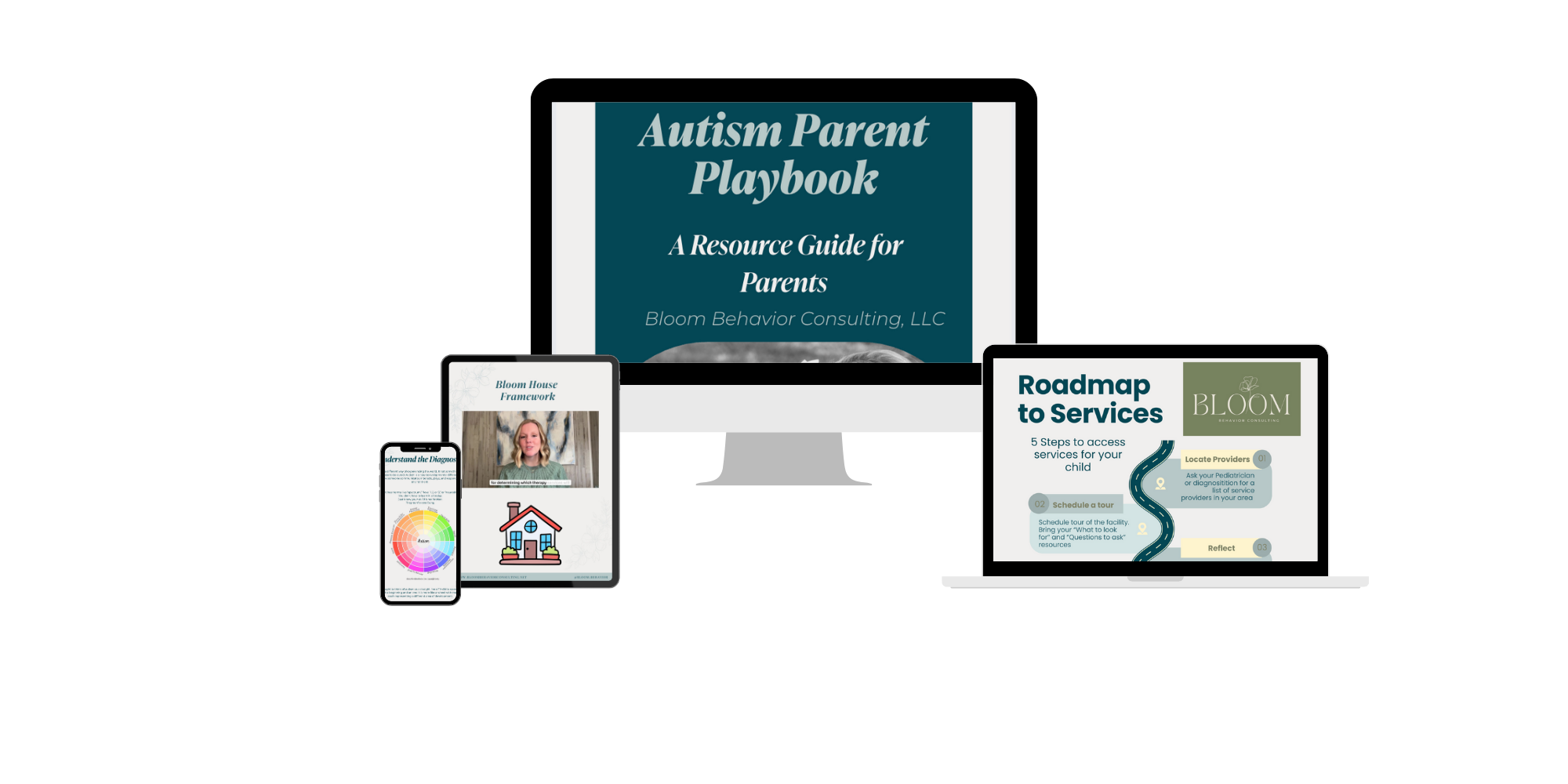 Digital devices displaying various mental health and autism resources, including a book titled 'Autism Parent Playbook,' a video call with a therapist, a color wheel for autism understanding, and a service roadmap for children