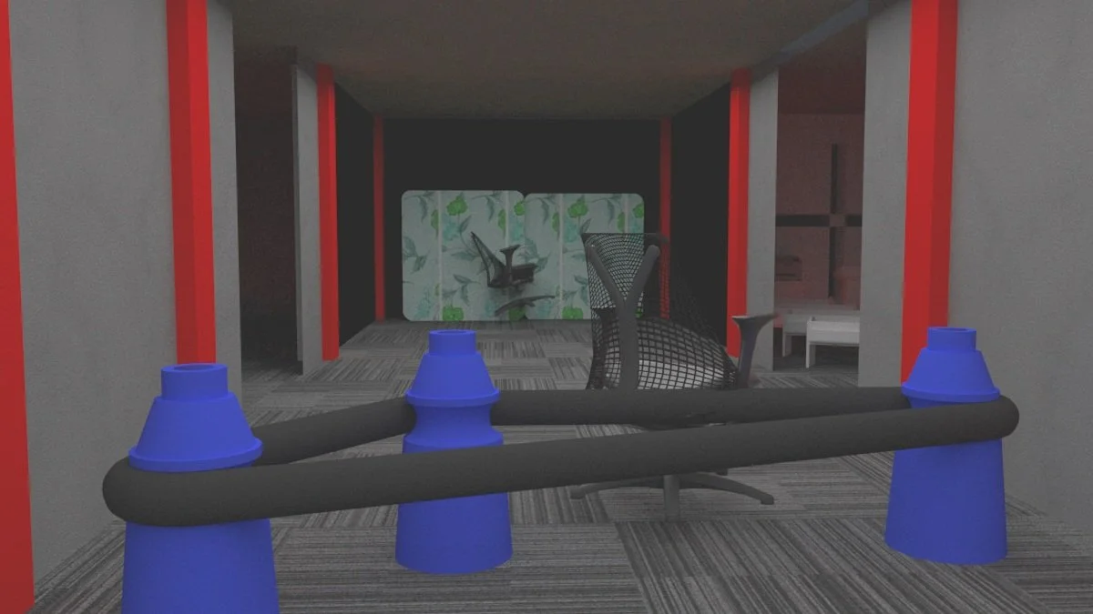 Interior room with blue cones and black tubes forming a barrier, a black mesh chair, patterned screen with leaves, gray walls with red columns, and striped carpet flooring.