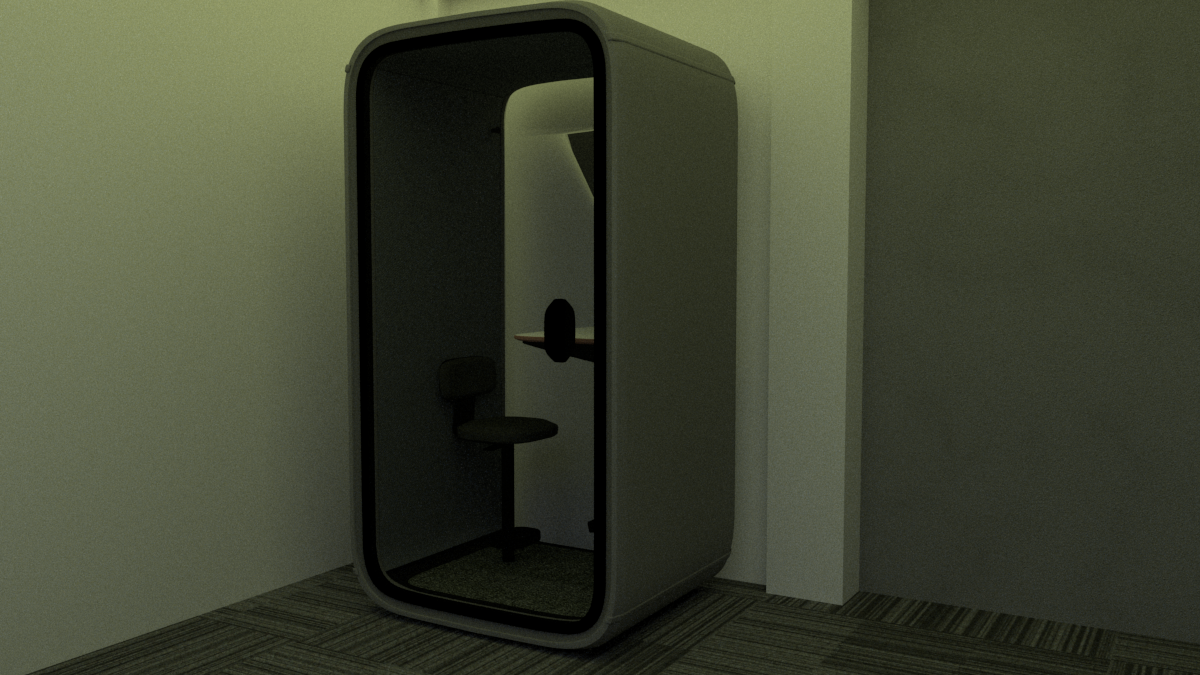 Small, modern phone booth with a stool and desk inside, located in an office corner.