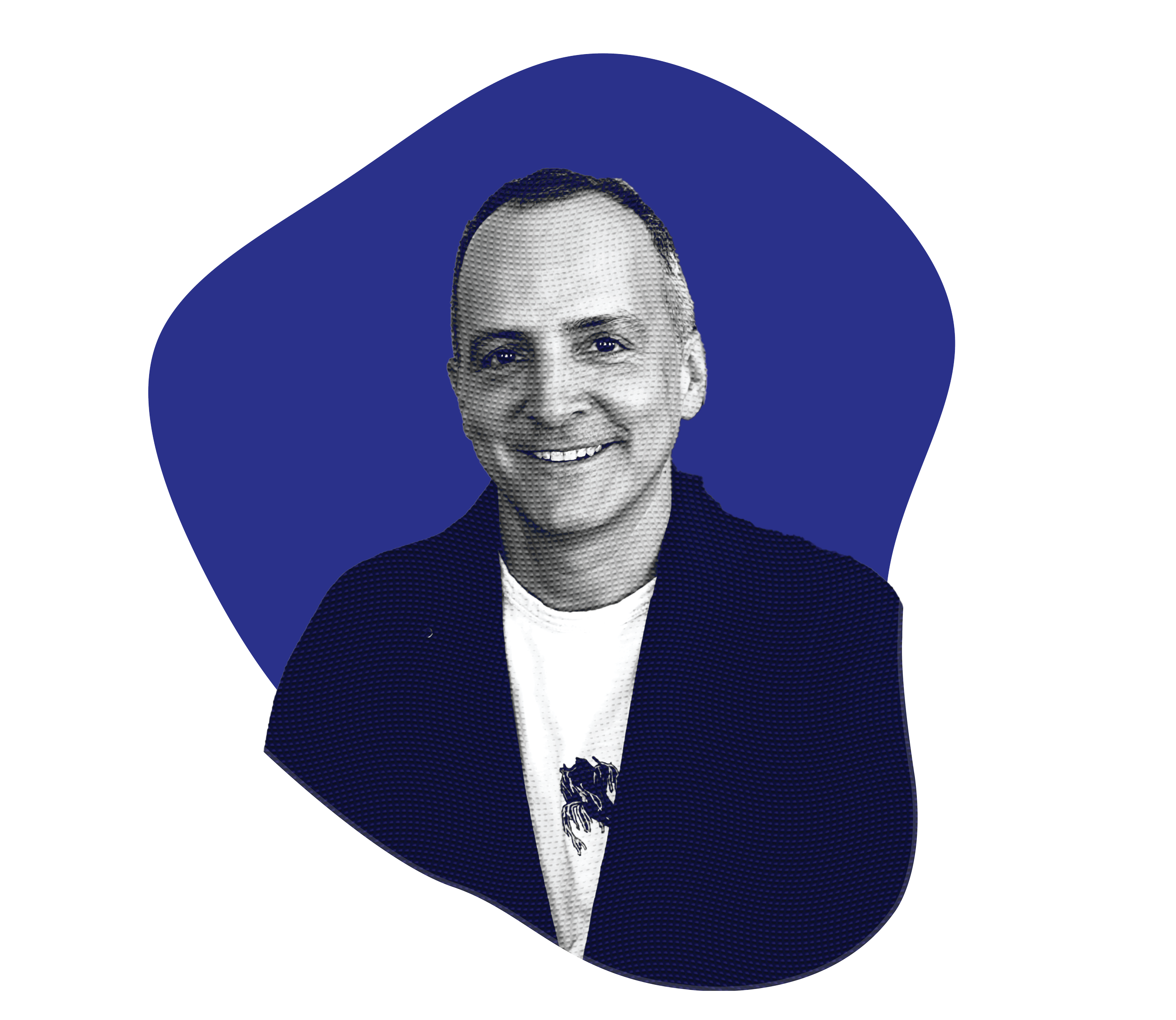 Stylized grayscale portrait of a smiling man on a dark blue abstract background.