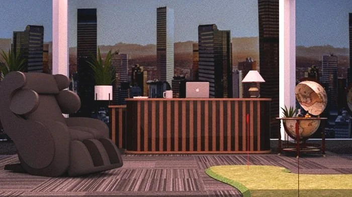 Modern office interior with cityscape view, featuring a striped desk with a laptop, a globe, a lamp, plants, and a reclining chair.