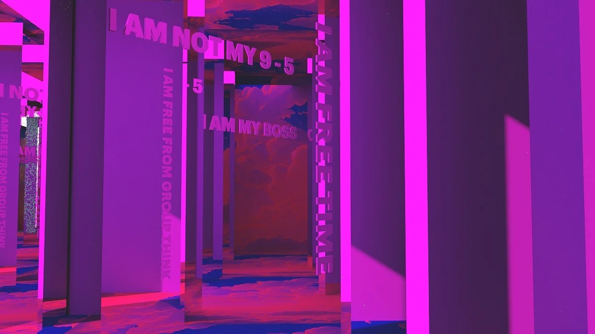 Abstract digital art with neon pink and purple pillars, featuring motivational text such as "I am not my 9-5" and "I am free from group think."