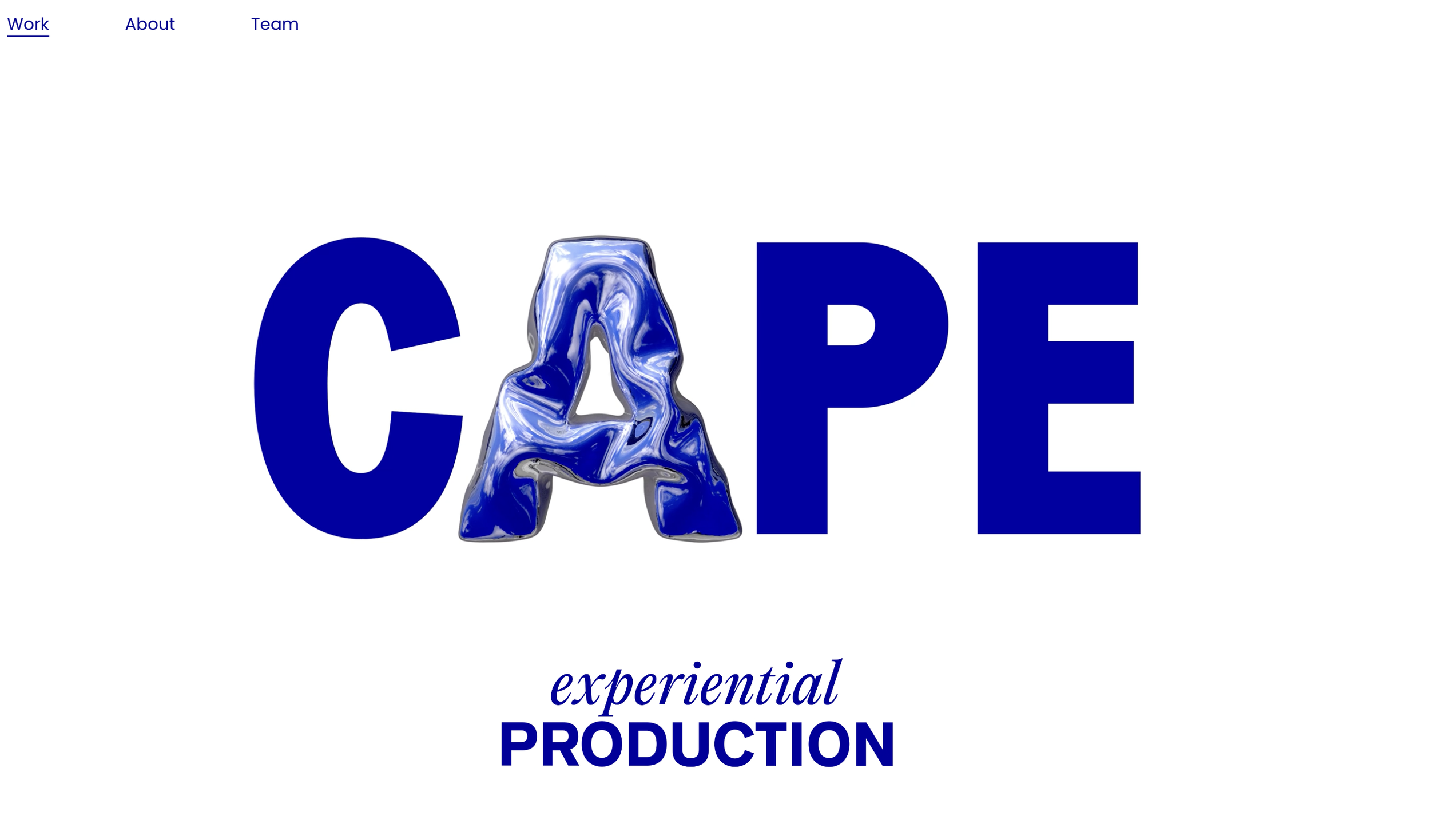 Blue text "CAPE" with A in marbled design, above "experiential PRODUCTION" on white background.