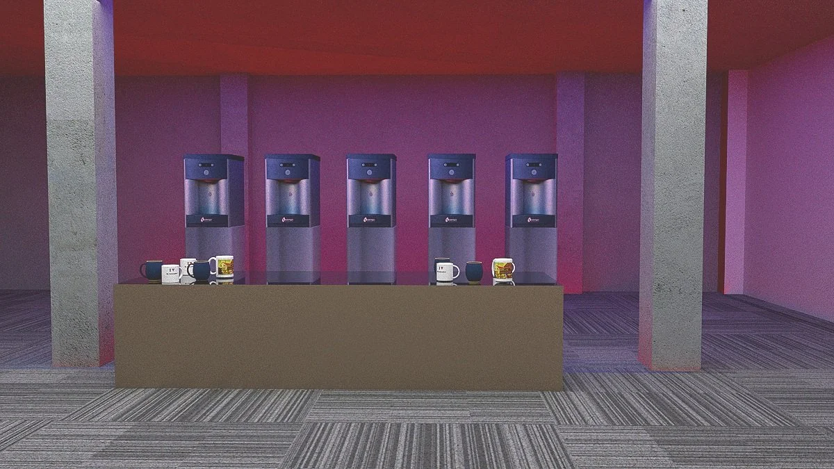 Room with five beverage dispensers and a counter with assorted mugs