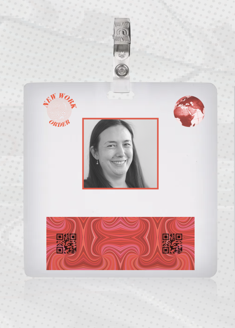 ID badge with a person's photo, globe icon, 'New Work Order' text, and QR codes on a red patterned background.