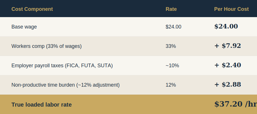 Base wage $24/hr plus workers comp, payroll taxes, and non-productive time equals a true loaded labor rate of $37.20/hr for roofing contractors.
