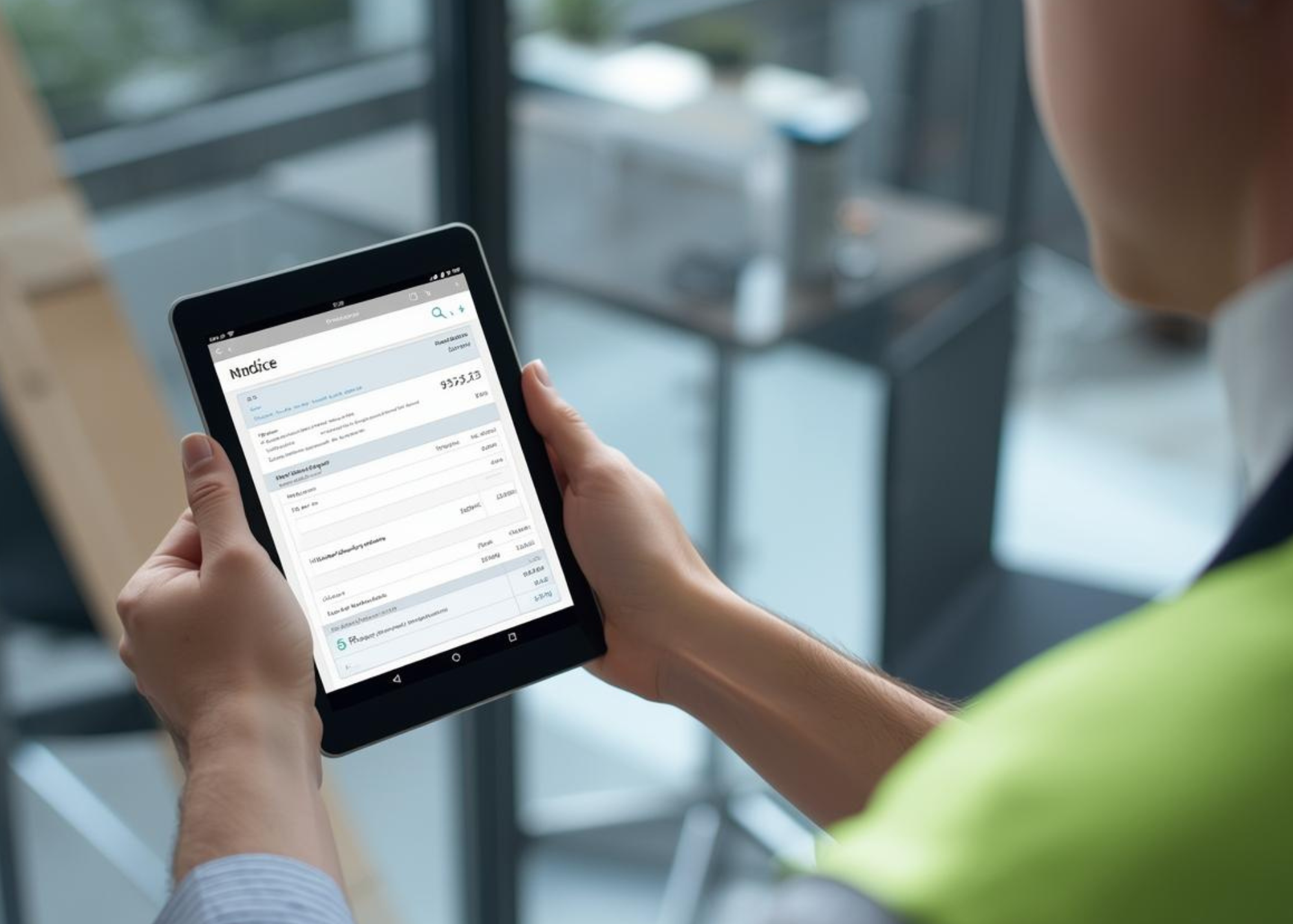 Professional contractor using tablet to send instant quote to client during site visit, modern business setting, natural lighting, showing speed and efficiency, professional photography styl