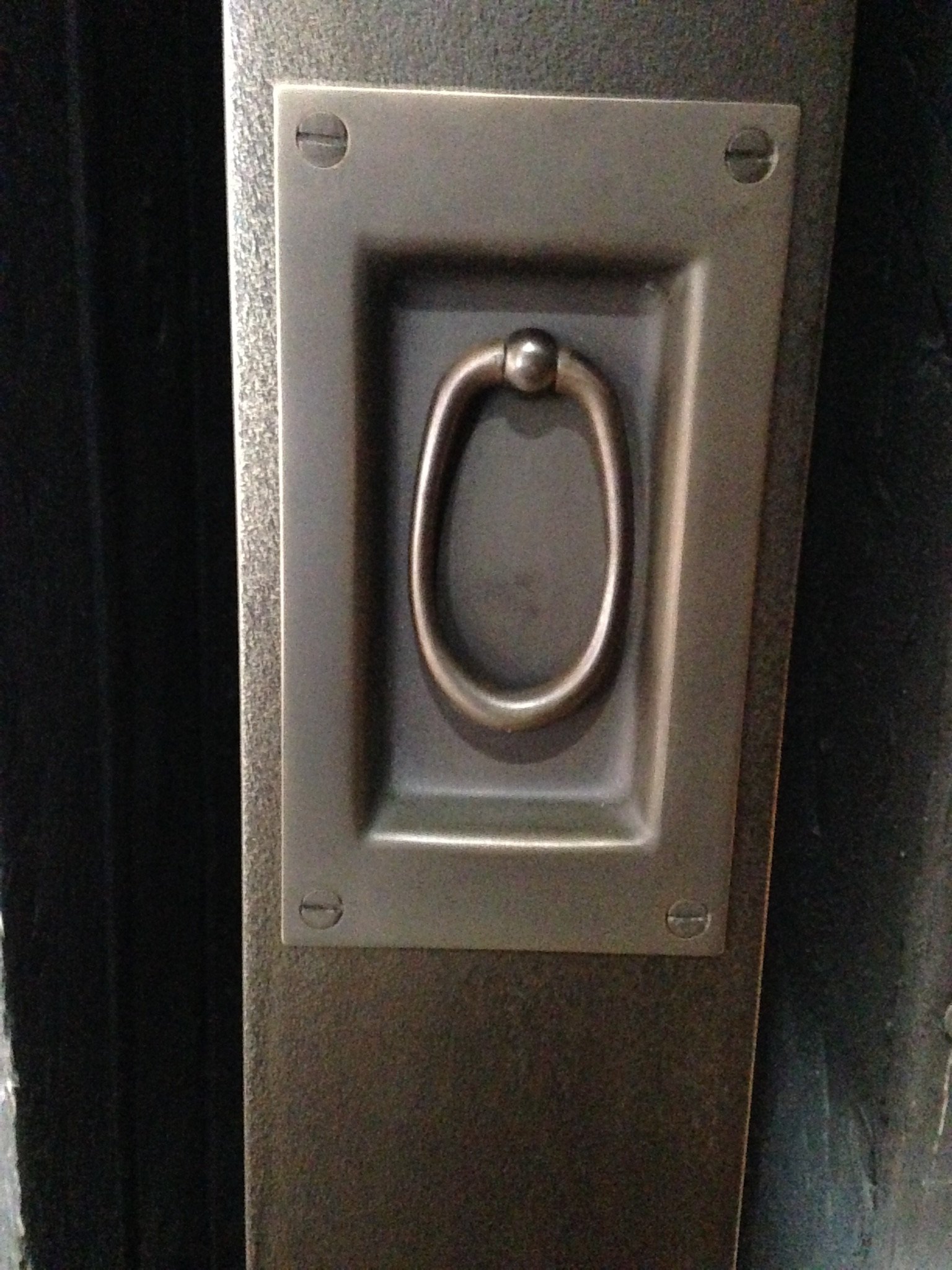Custom metal door handle with an oval shape, mounted on a rectangular back plate.
