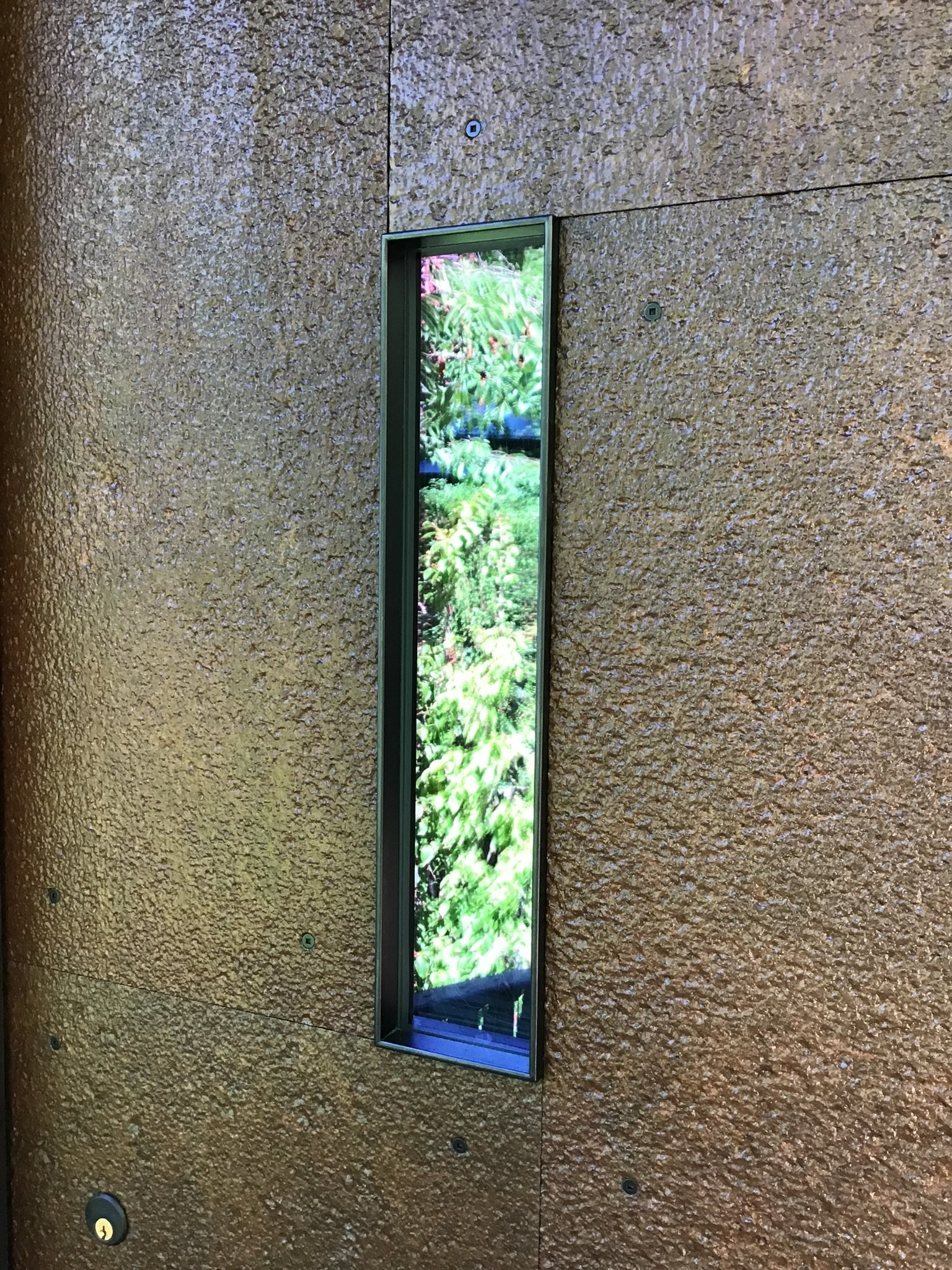A narrow vertical window cutout in a textured metal door.