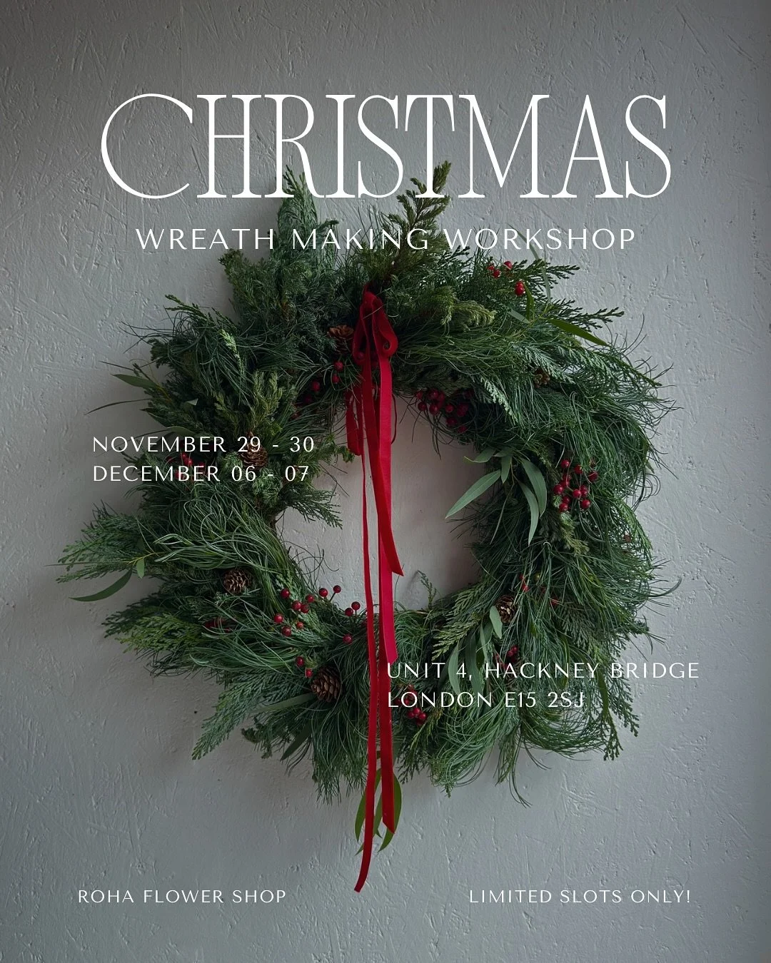 It&rsquo;s finally that time of year ✨ 
Our Christmas wreath workshops are now open for booking 🎄

Using fresh seasonal greens, berries, and natural elements, you will craft your own warm and timeless Christmas wreath. We will also prepare a selecti