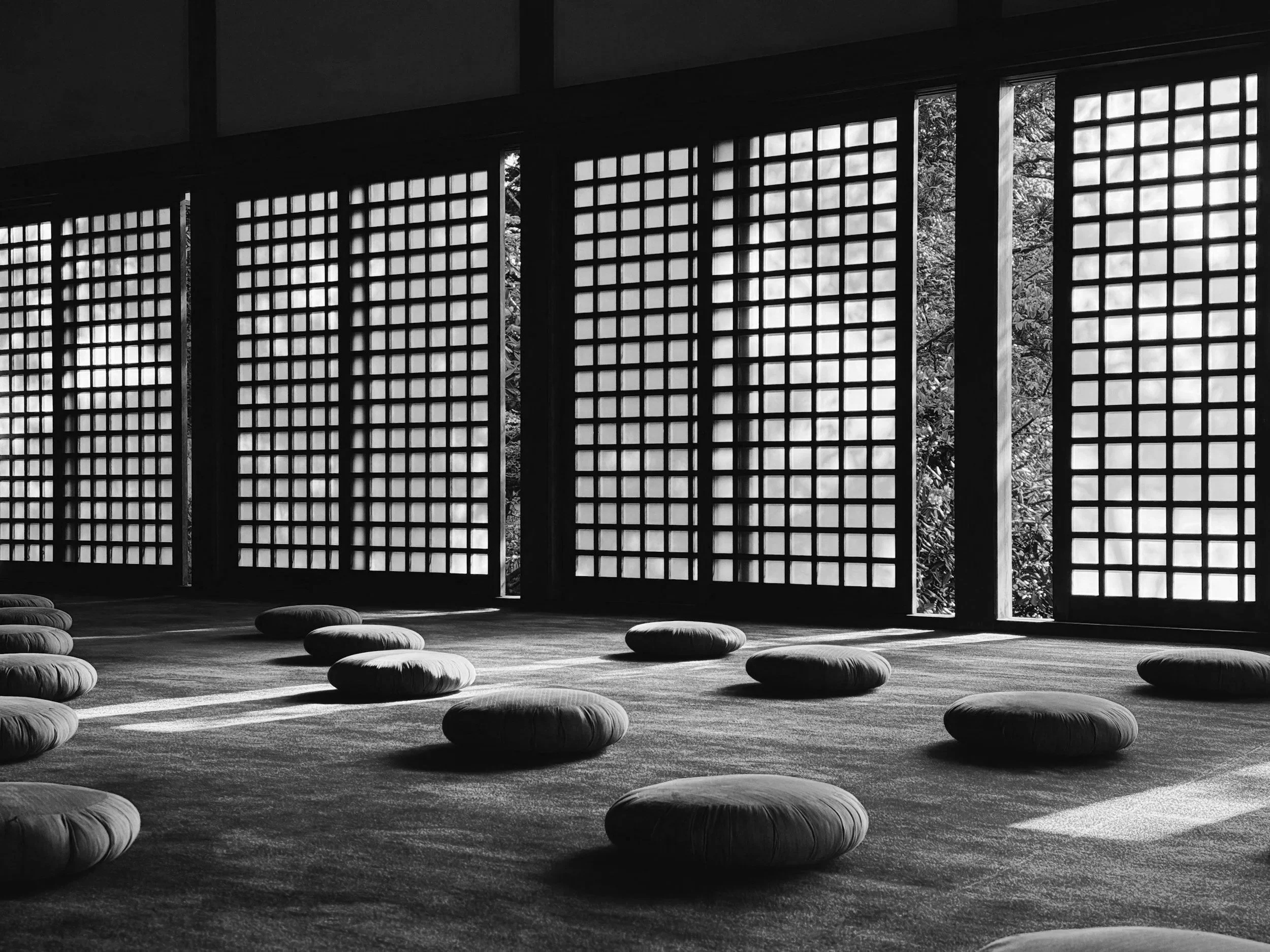 Meditation cushions in a peaceful, natural setting.
