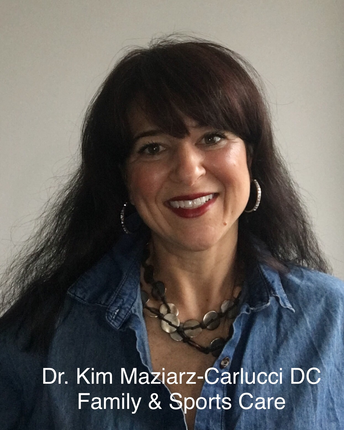 Dr. Kim Carlucci is a woman with dark hair and hoop earrings smiling at the camera, wearing a denim jacket and necklace, with text overlay stating her name and profession.