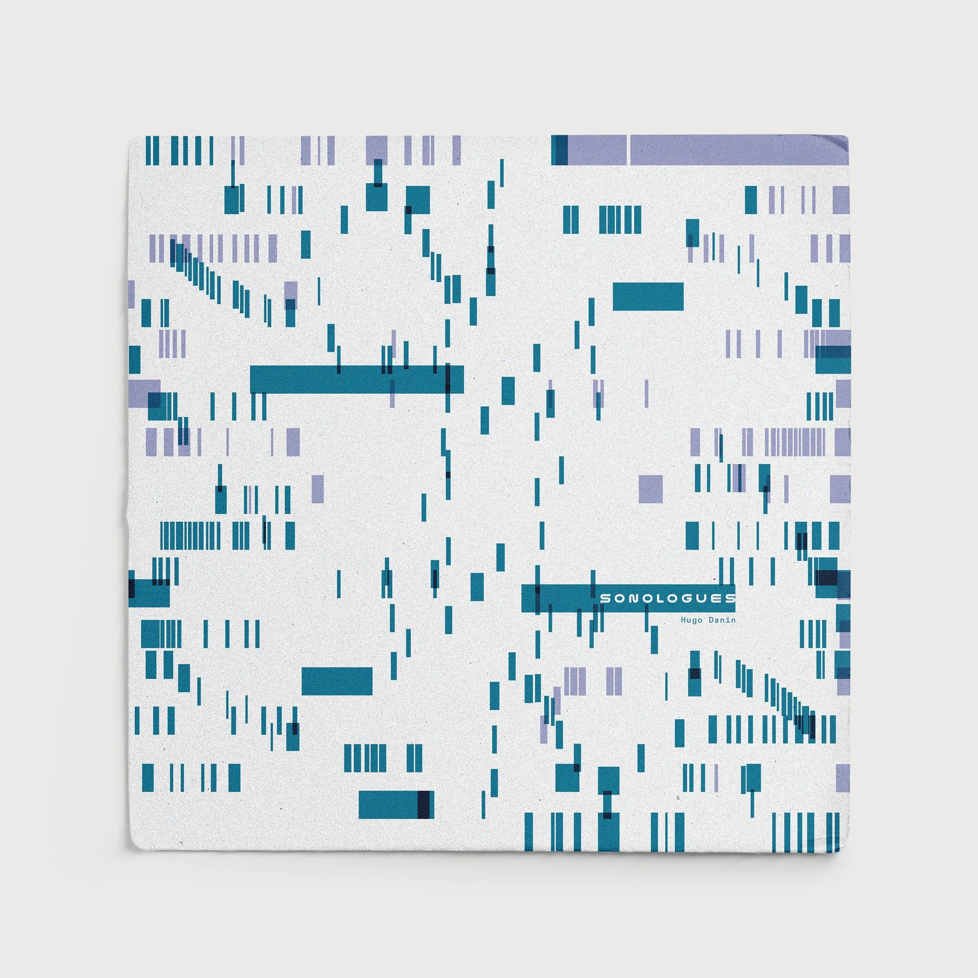 Capa de livro com padrão de linhas e blocos em tons de azul claro, azul escuro e roxo, com o título 'SONOLOGUES' e o nome 'Hugo Danin'.