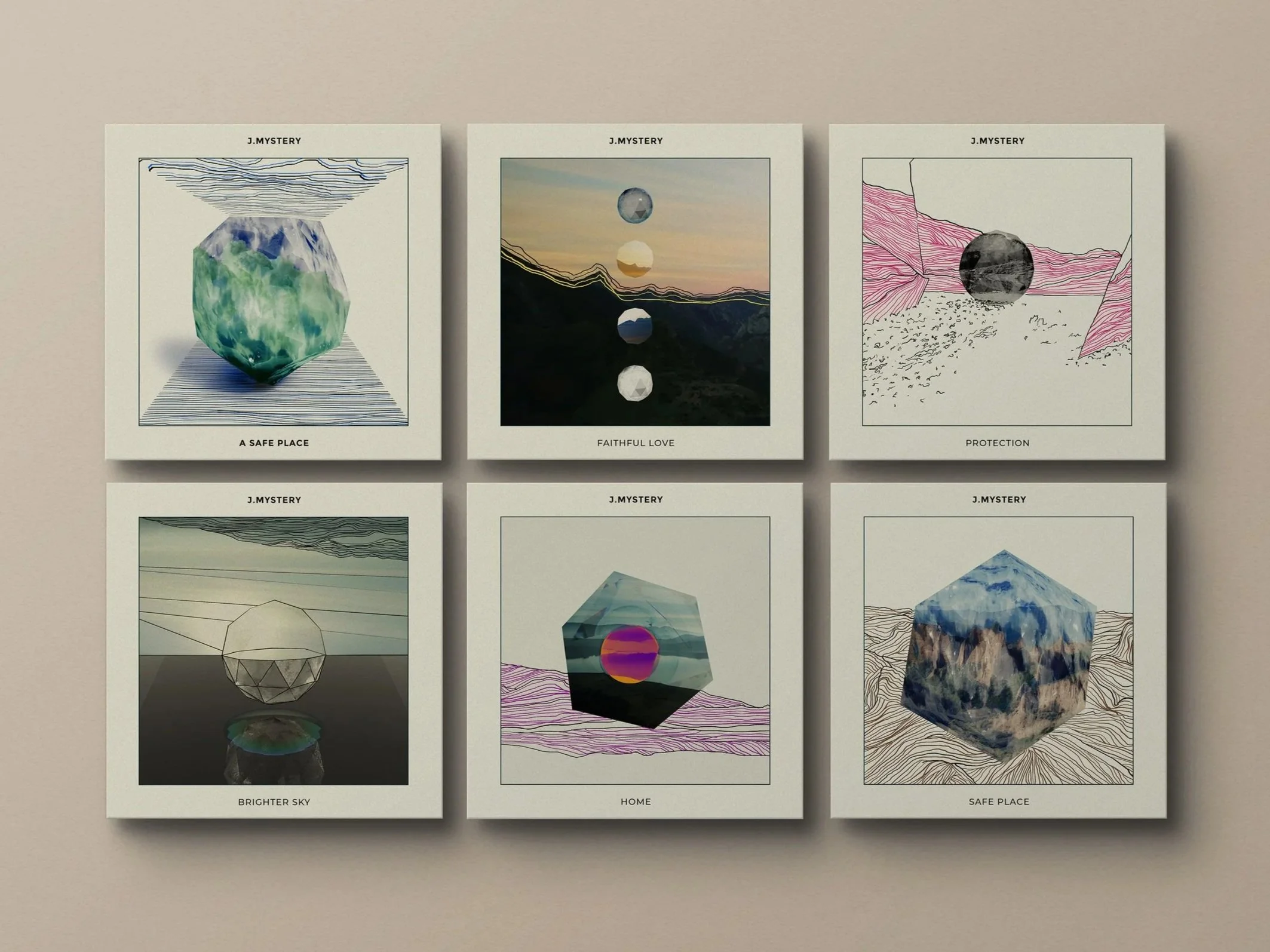 Coleção de seis capas de álbuns de música com diferentes ilustrações abstratas e paisagens, cada uma com título e nome do artista J. Mystery.