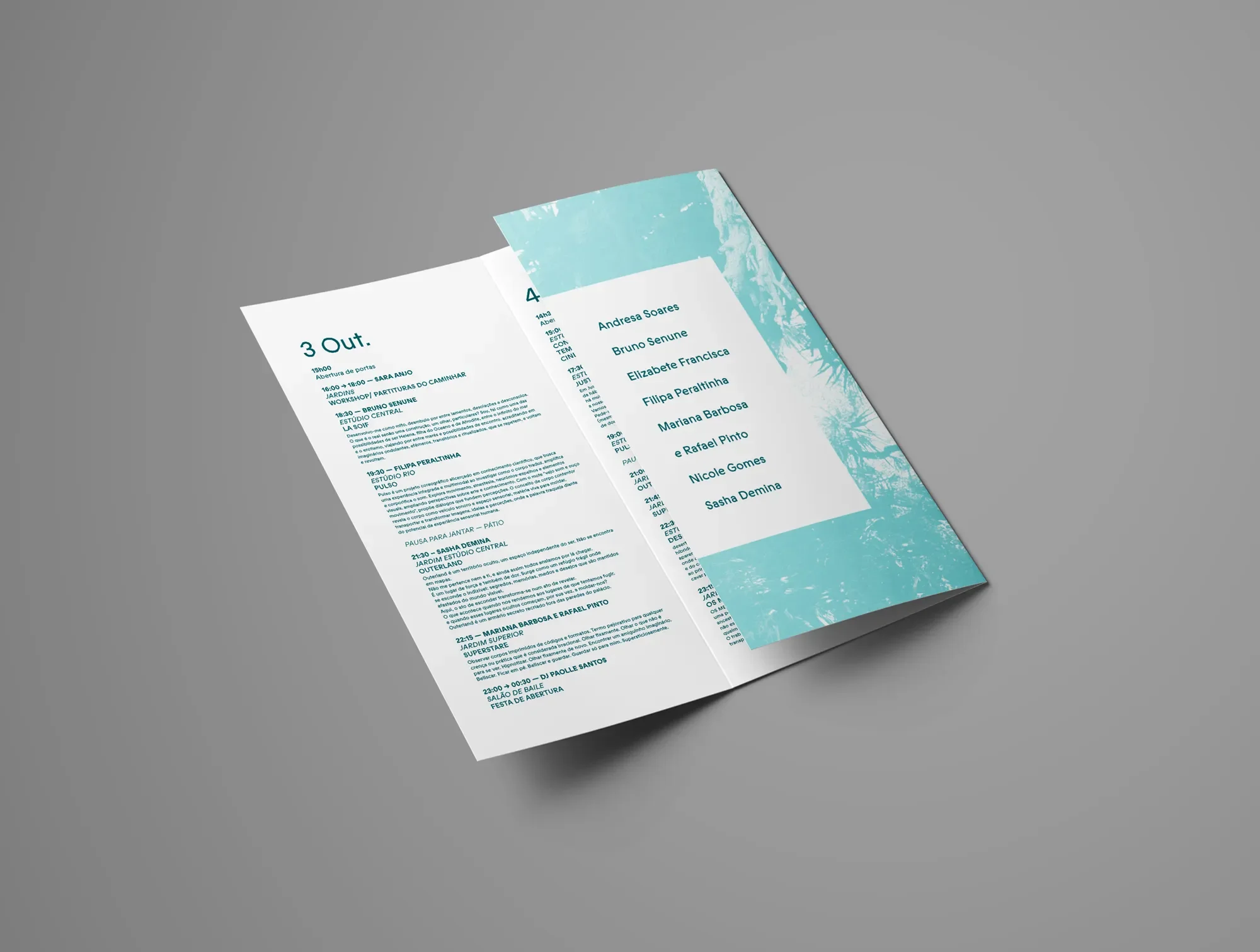 Folheto de programação de evento com detalhes de horários, locais e nomes de participantes, incluindo uma lista de nomes e uma área com fundo azul com desenhos de árvores.