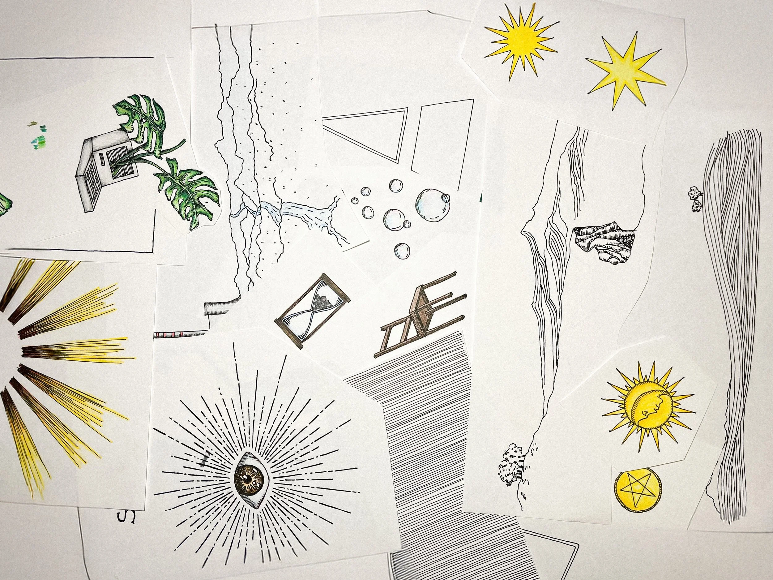Coleção de desenhos de diferentes símbolos e elementos, incluindo o Sol, estrelas, uma árvore, uma lâmpada, um olho, uma ampulheta, uma cadeira, uma rocha e uma lua com estrelas, em preto e amarelo.