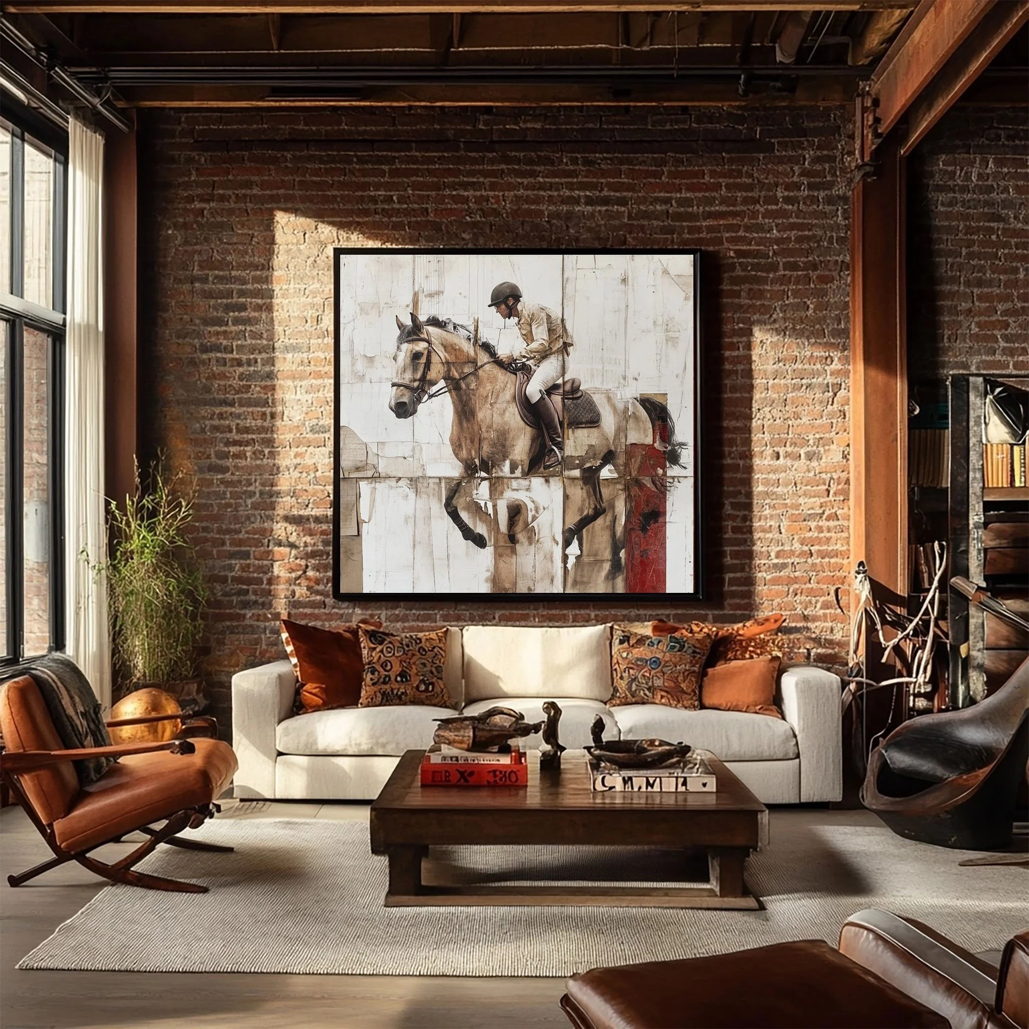 The Jump original mixed-media equestrian artwork by Scott Runkel displayed in a warm brick-walled interior