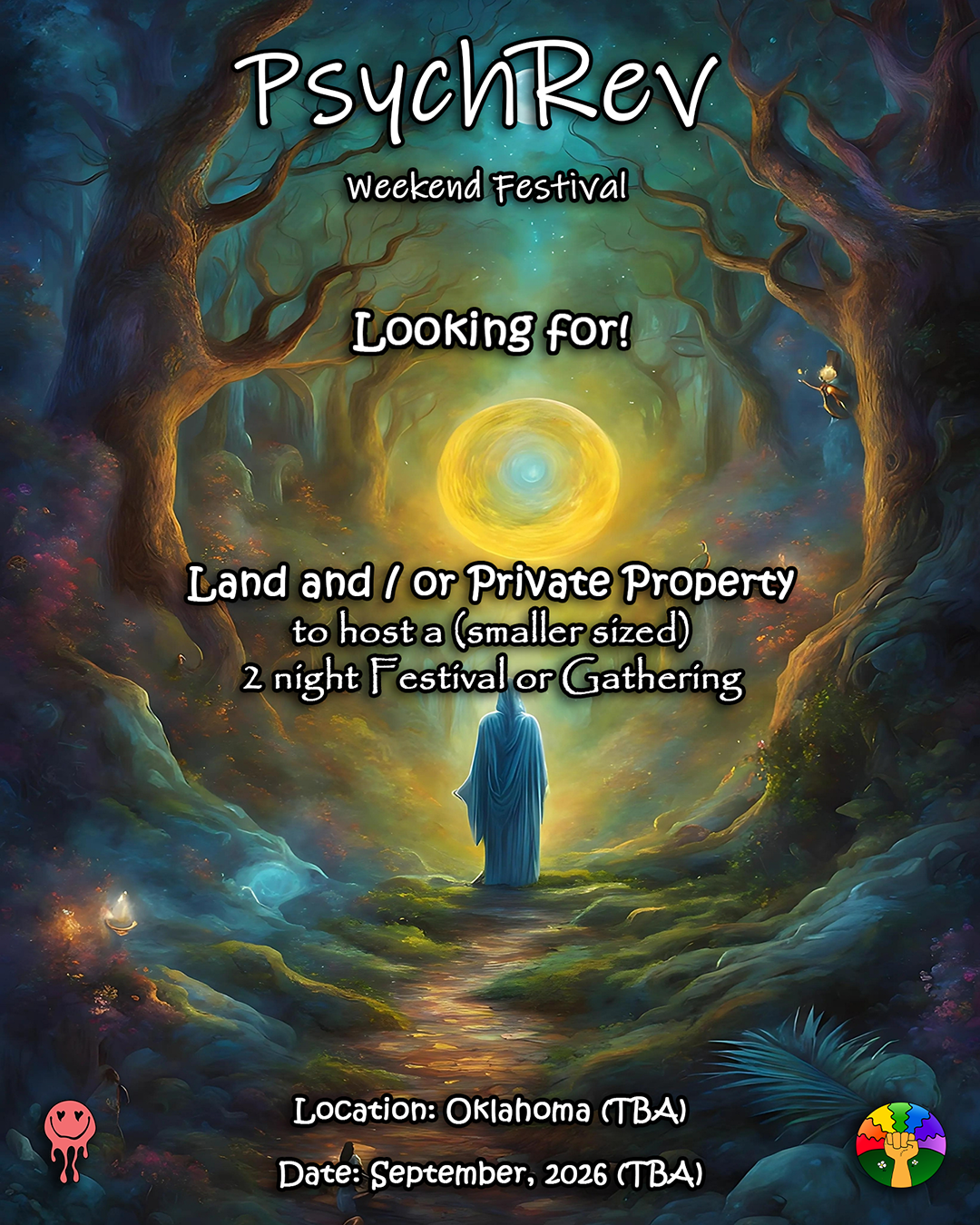 A fantasy-style digital illustration showing a person in a blue cloak walking down a forest path towards a glowing, swirling yellow and blue portal. The forest has dark, twisting trees with colorful foliage, and the overall scene has a mystical, magical atmosphere.