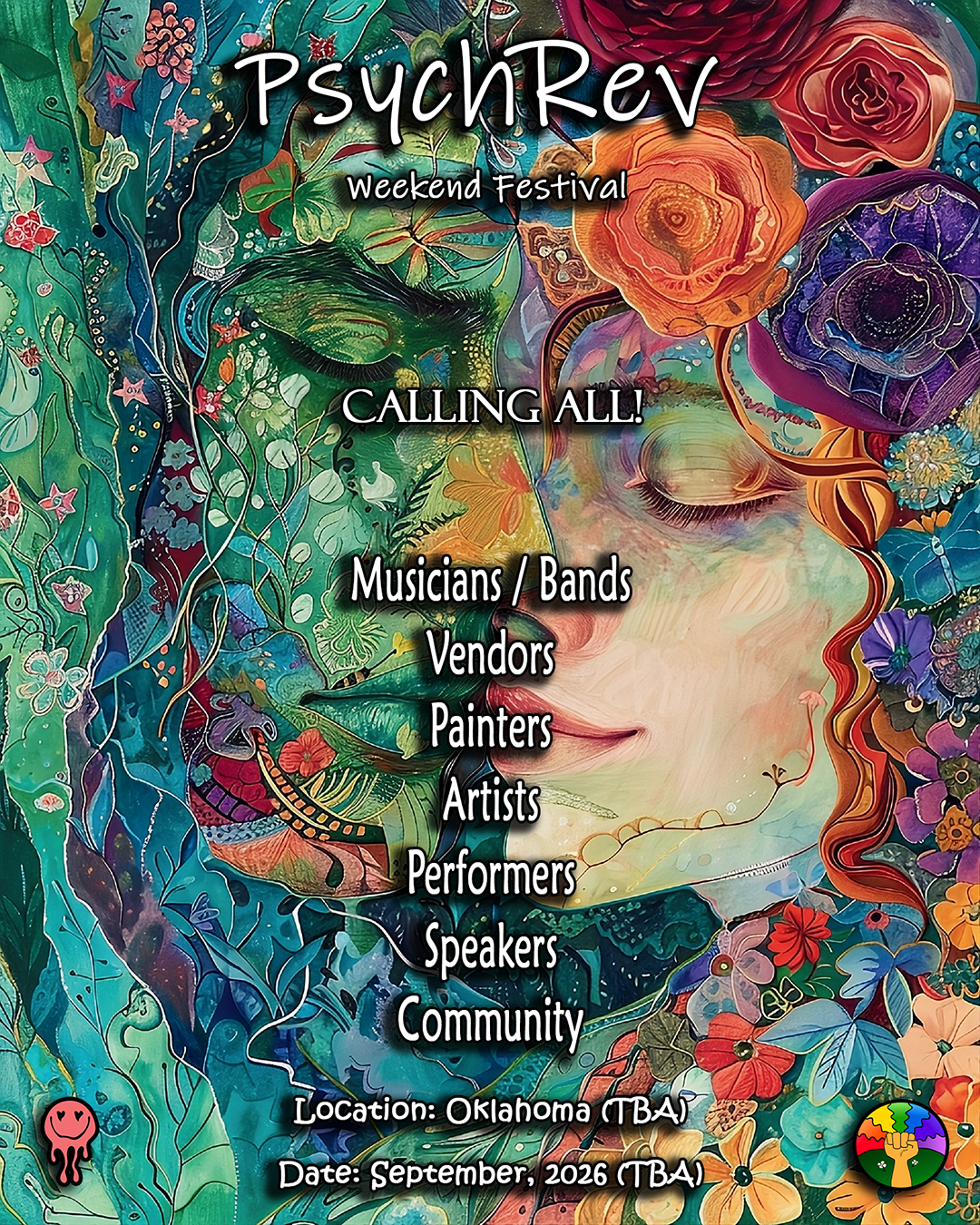 Colorful artistic poster for PsycRev Weekend Festival featuring a surreal female face surrounded by vibrant floral and abstract designs, with event details in the center.