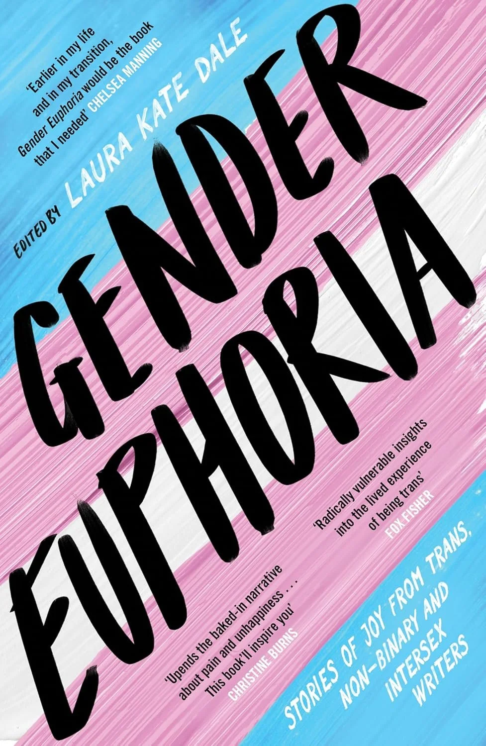 Book cover titled "Euphoria" edited by Laura Kate Dale. The background features pink, white, and blue stripes. The cover includes quotes and descriptions about the book, highlighting stories of joy from trans non-binary and intersex writers.