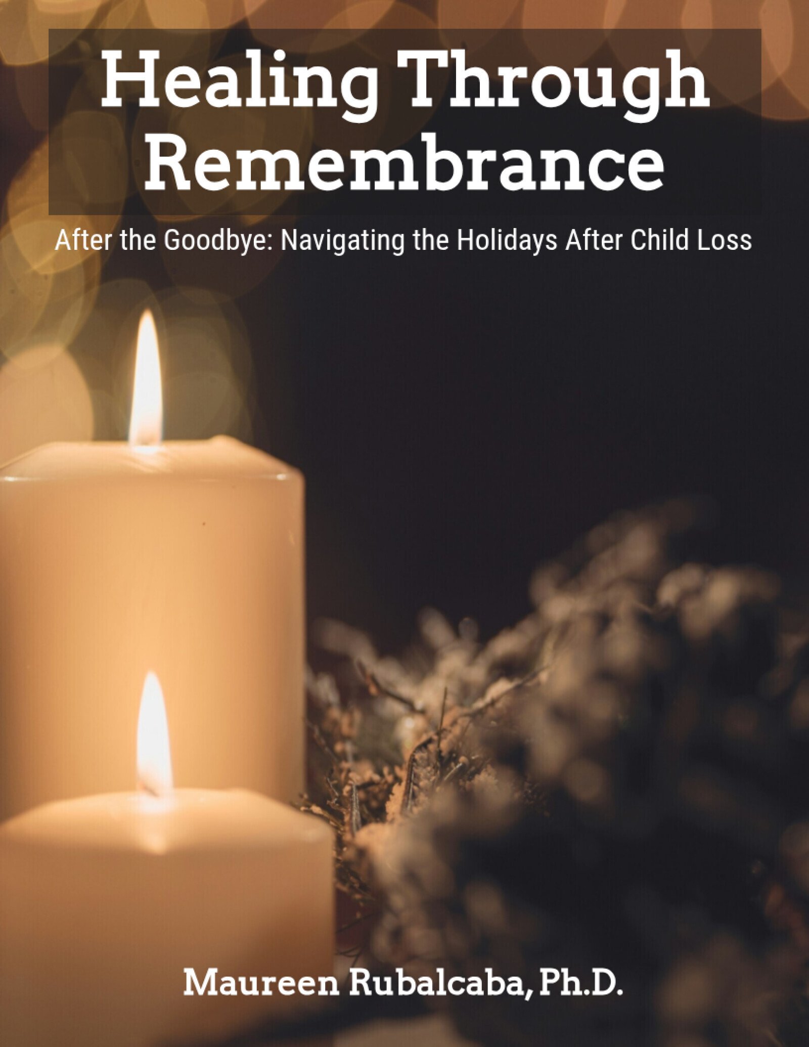 Cover of a book titled "Healing Through Remembrance" by Maureen Rubalcaba, Ph.D. featuring lit candles and a softly lit holiday background.