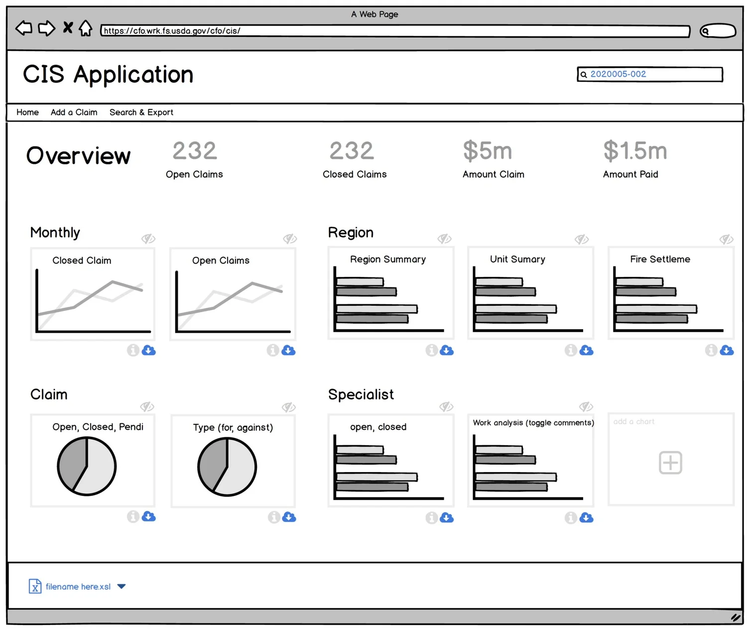Low-fidelity wireframe of the claims dashboard