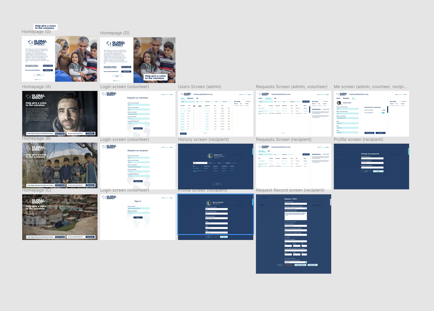 Wireframes for the volunteer and admin portals