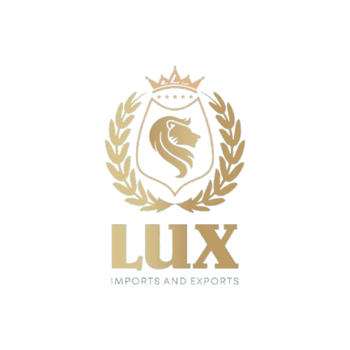 LUX Imports and Exports logo featuring a seahorse within a shield, surrounded by a laurel wreath, on a blue background.