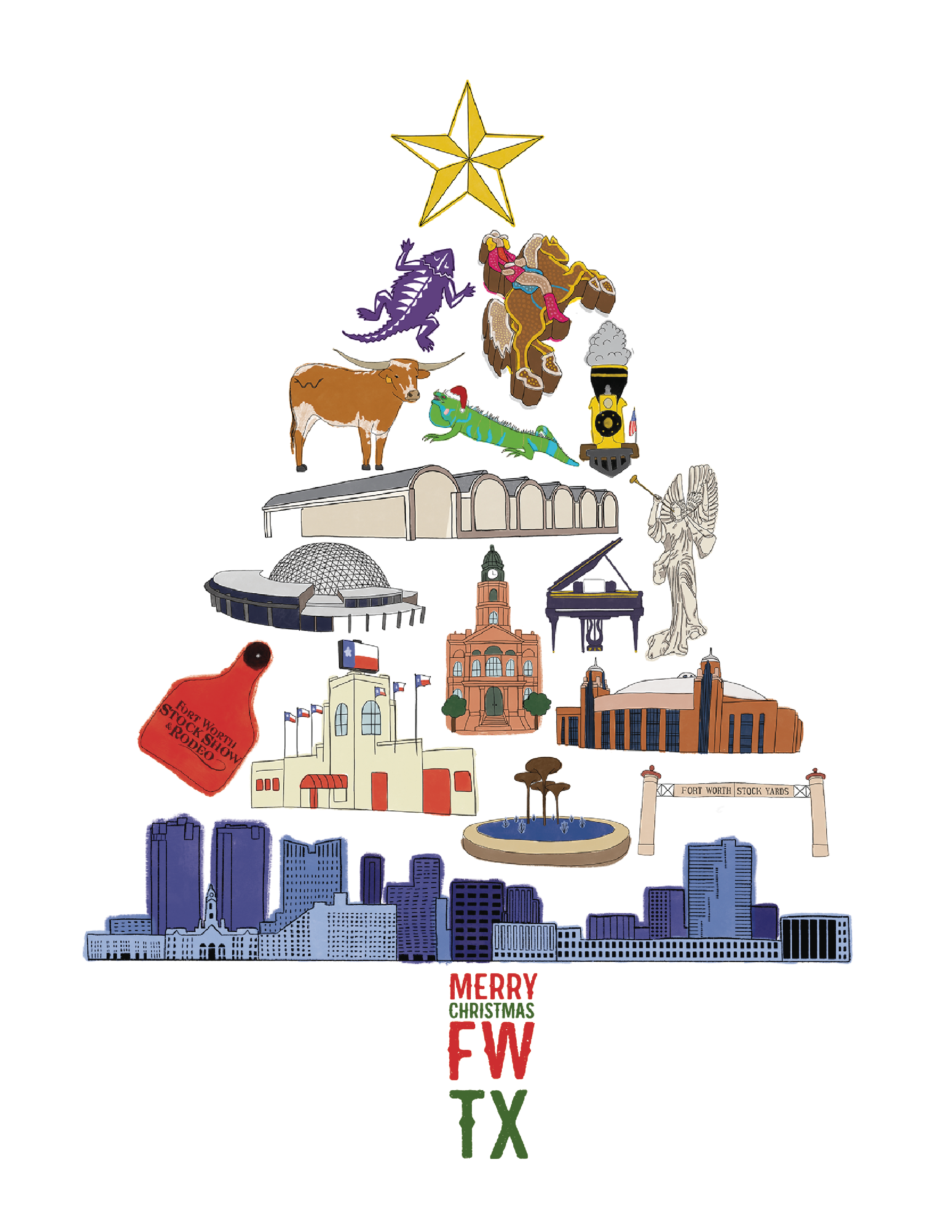 Illustration of a Christmas tree shaped skyline of Fort Worth, Texas with various landmarks, animals, and decorations including a star at the top and Christmas greeting at the bottom.